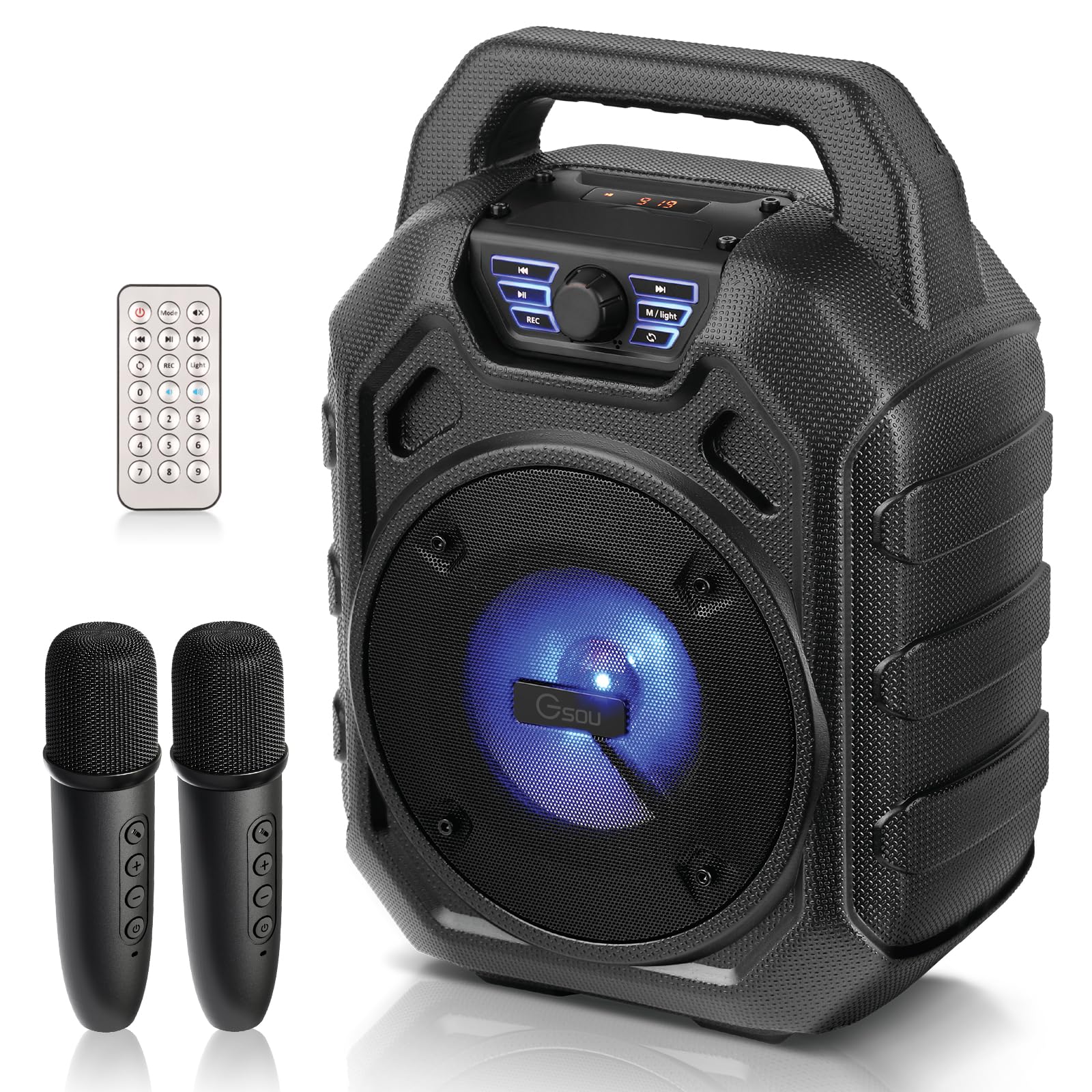 GsouKaraoke Machine with 2 Wireless Microphones/Portable PA System/ IPX6 Waterproof Kareoke Machine with Bluetooth and Wireless Microphones for Adults/Kids, PA Speaker Supports TF/USB/AUX/LED Light