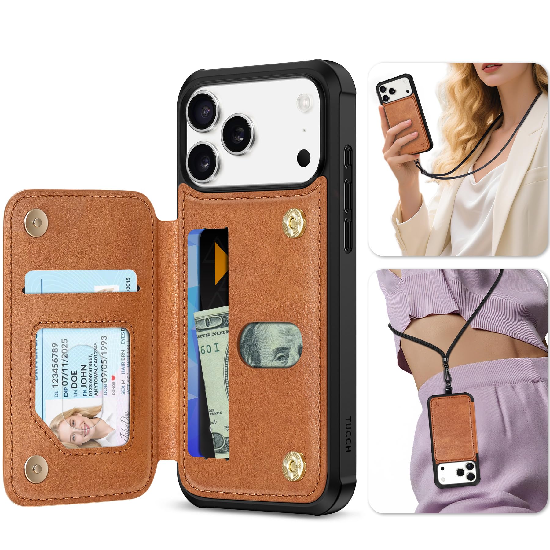 TUCCH Funda Billetera para iPhone 17 Pro MAX 6,9-Pulgadas 5G 2025 Bloqueo RFID | Cuero PU [Tarjeteros Indesmontable] 3 Ranura Tarjeta Cierre Botón Magnético Protección Flip, Marrón Claro Texturizado