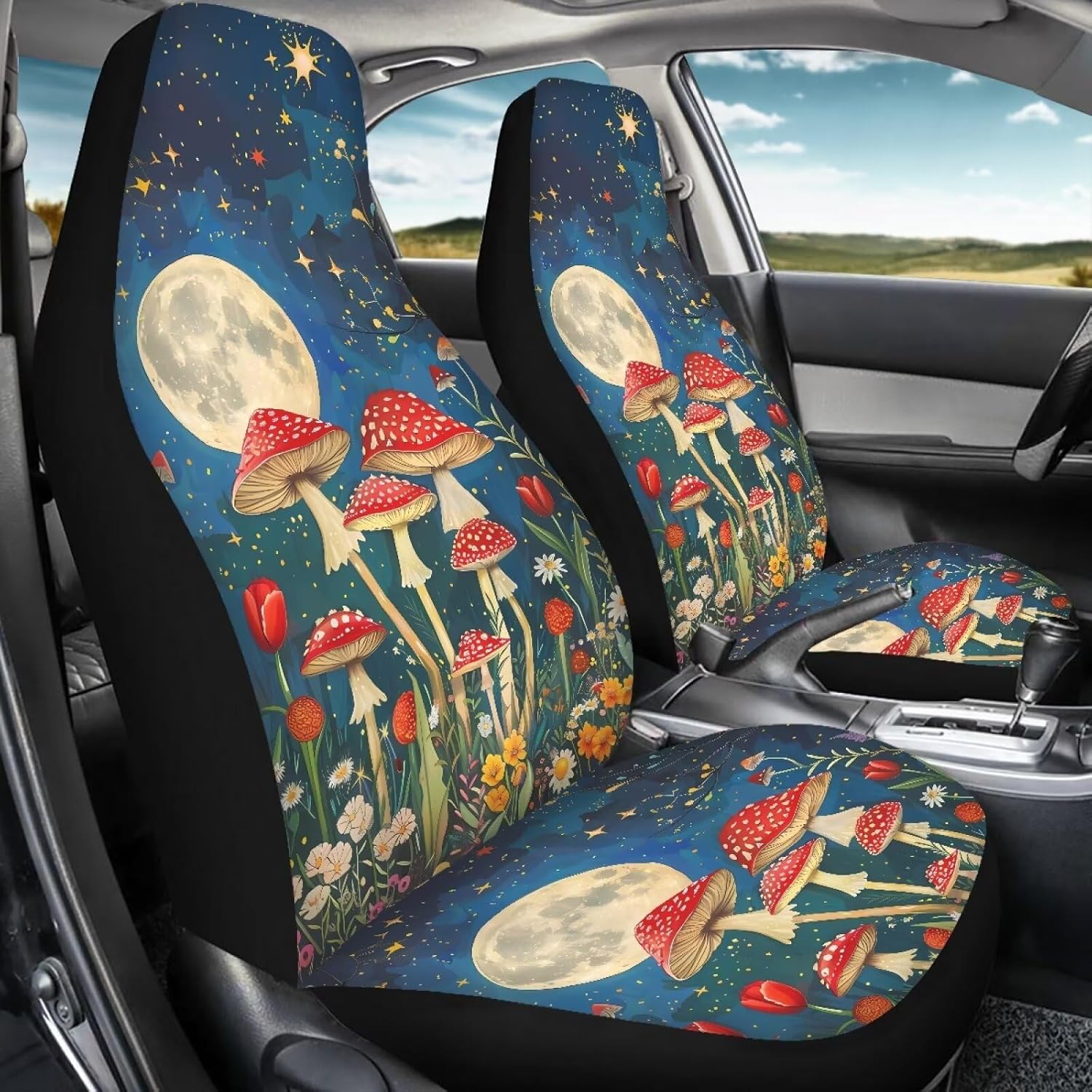 Mushroom Flower Starry Sky Car Seat Protectors 2 Pack Auto Seat Cushion Washable Universal Fit Vehicle High Bucket Seat Only Front Gifts for Women Men