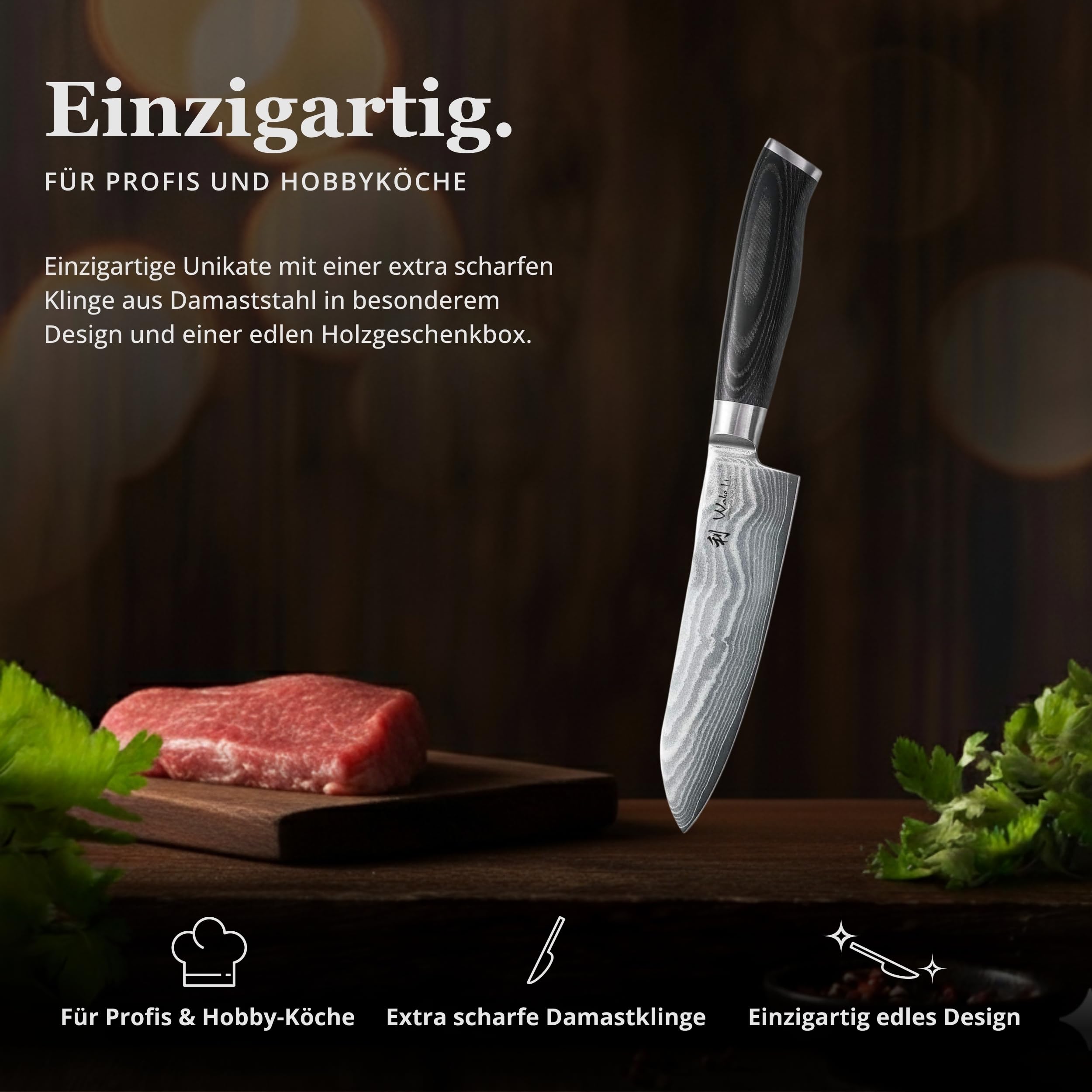 Wakoli Mikata Damastmesser Santoku 17 cm Klinge I aus 67 Lagen I Damast Küchenmesser und Profi Kochmesser aus echtem Damaststahl mit Micarta Griff