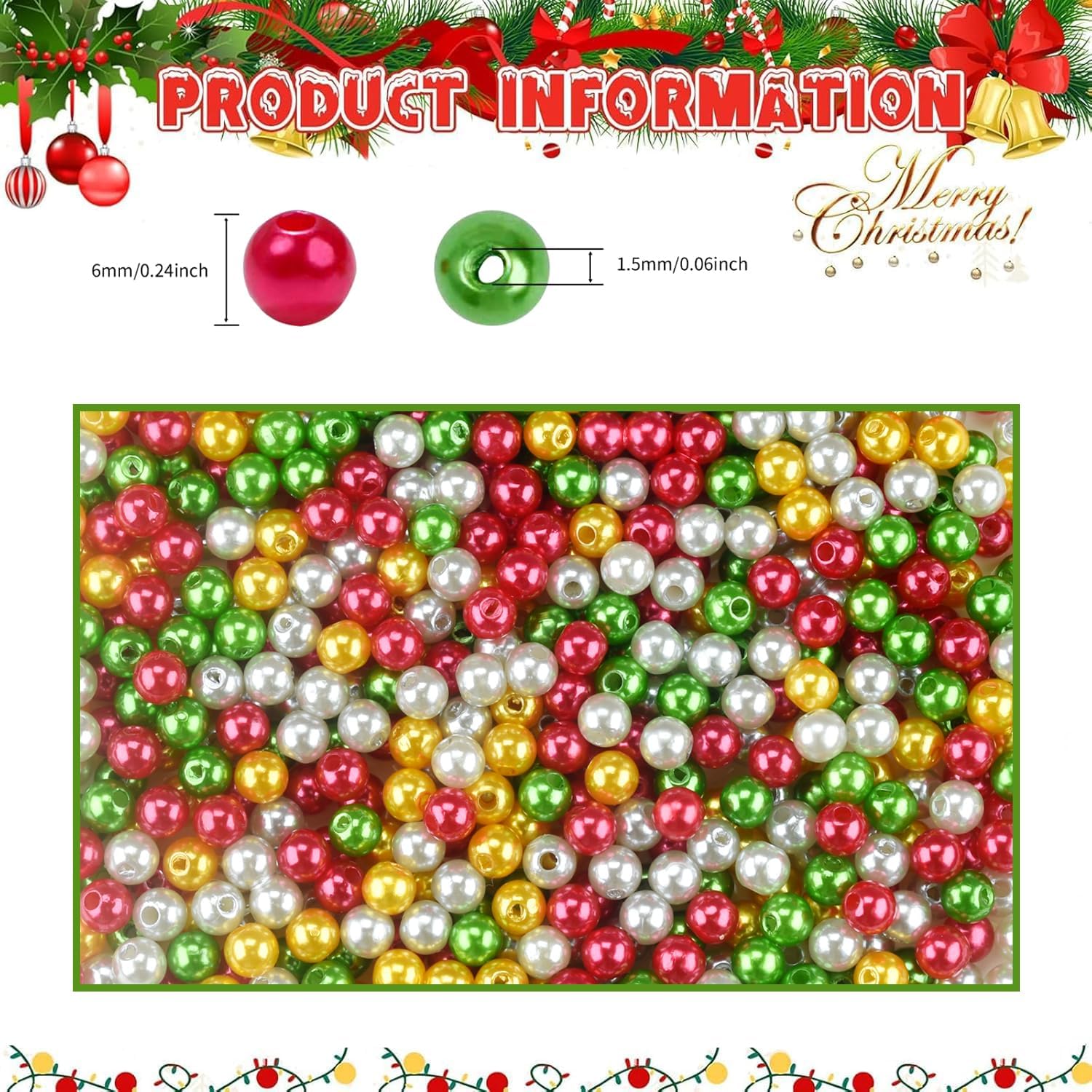 1500Pcs Christmas Pearl Beads 6mm, Red Green Gold and Silver Pearl Bead Xmas Holiday Party Decoration Necklace Earrings Beads DIY Ornament Kit (Christmas Red Green Gold Silver) - Image 2