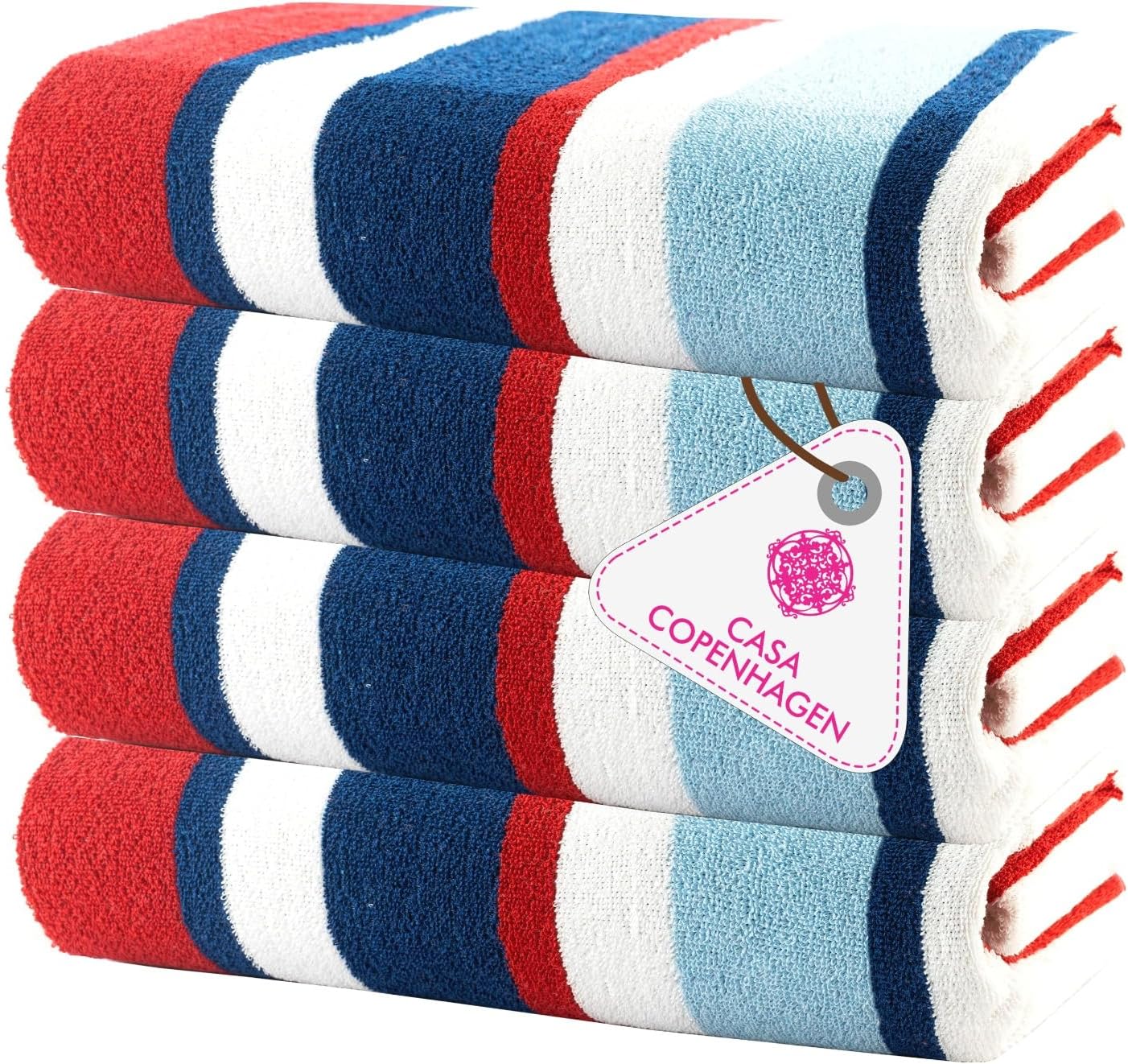 CASA COPENHAGEN Bora Bora Beach Towels Designed in Denmark Rough and Tough, Quick Dry, for Pool, Bath & Shower 30x60 inches 4 Pieces Cotton Beach Bath Towels Set - Red