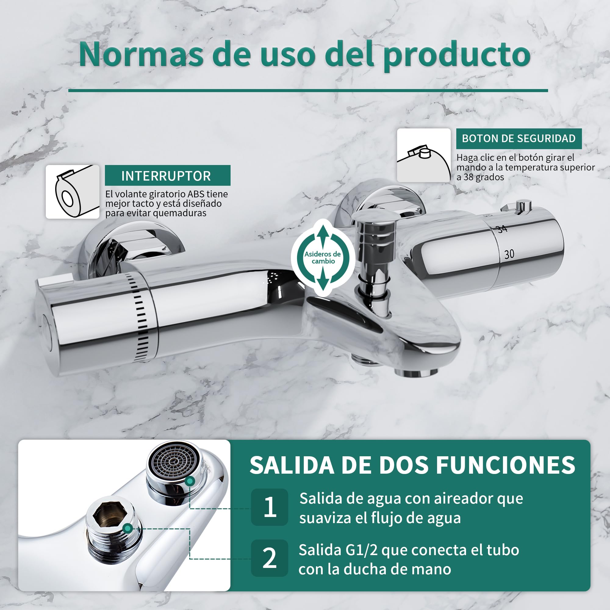 MORADO Mezclador de ducha termostático, grifo de ducha termostático, válvula de mezcla de ducha con control de temperatura, latón, acabado cromado, montado en la bañera