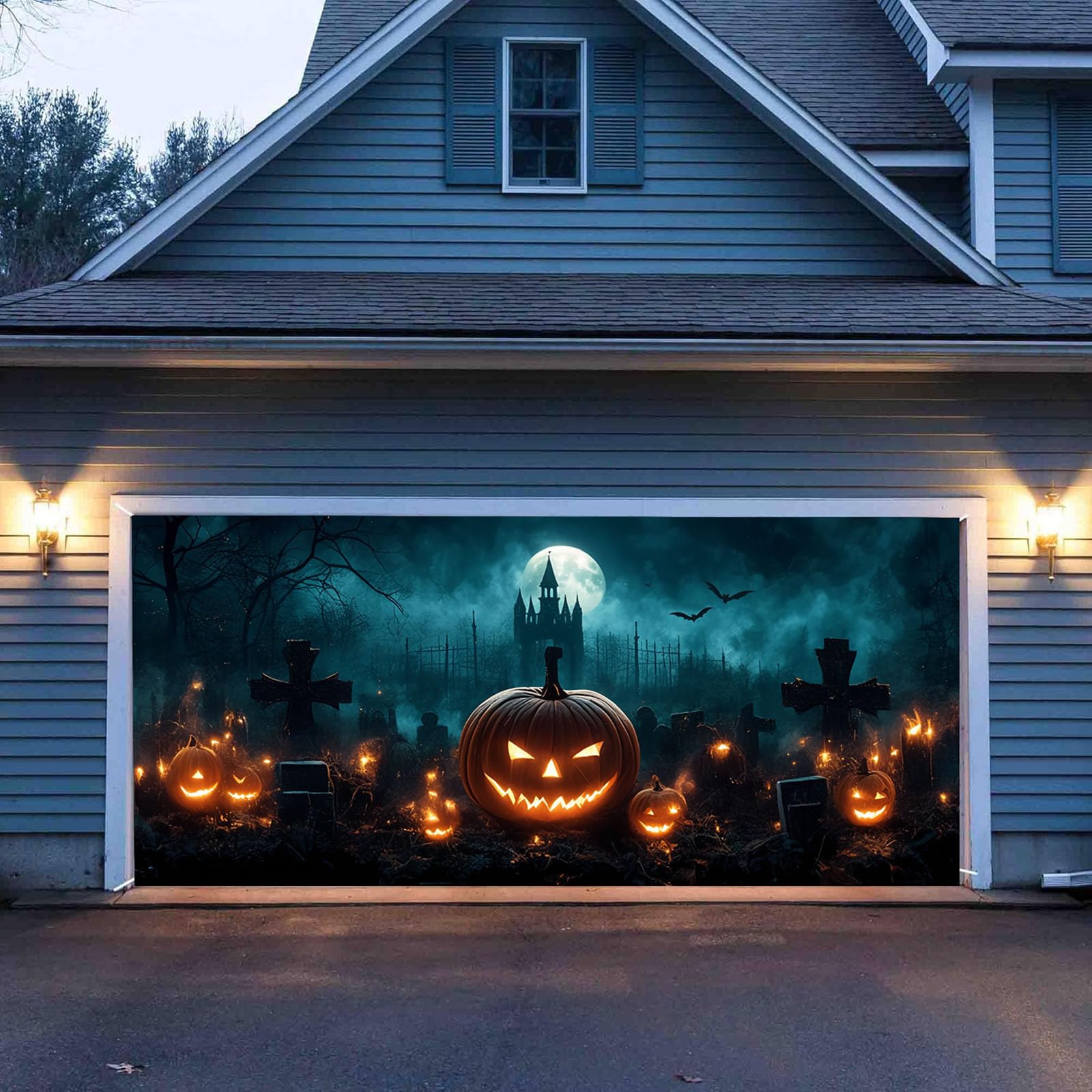 Letrero de Halloween para garaje, grande para exteriores, para fiestas, diseño de calabaza espeluznante, resistente, doble
