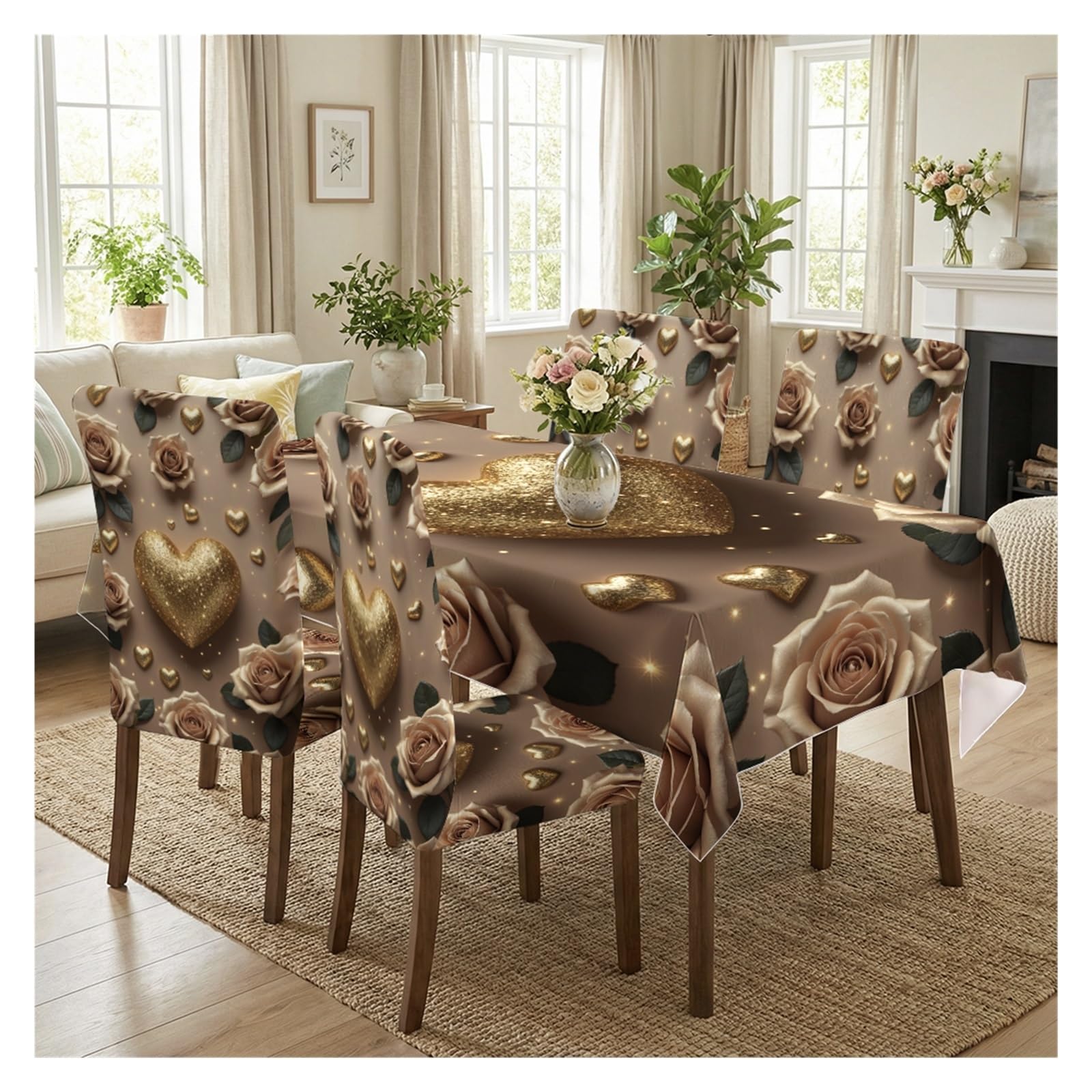 KXUAUV Stretch Dining Chair Slipcover & Tablecloth Set, Champagne Rose Golden Heart Print, 5/7 Pack, Romantic Luxury Elegant Home Decor Party Decor(5pcs Set: Tablecloth+Chair Covers)