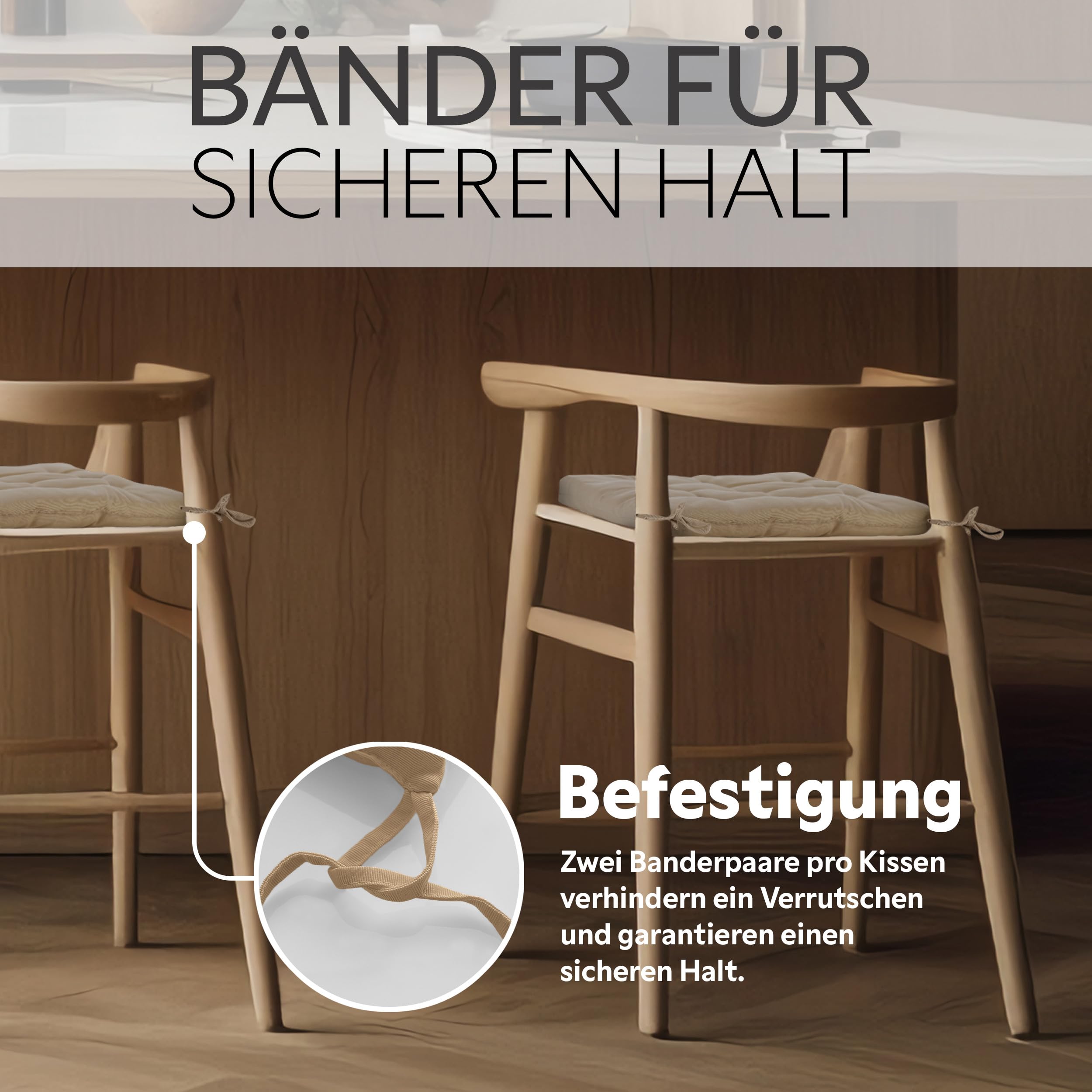 Brandsseller 6er Set Stuhlkissen 40x40x5 cm Sitzkissen Polster Stuhlauflage mit Haltebändern Dekokissen für Indoor Outdoor gesteppt - Taupe