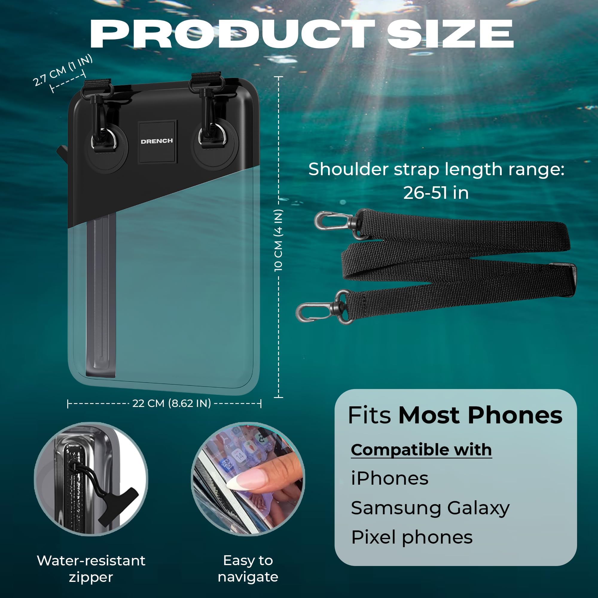 Drench Wasserdichte Bauchtasche, schwarze Bauchtasche für Handy und Reiseutensilien, IPX8 Gürteltasche mit wandelbaren Trägern, Bauchtasche für Damen und Herren, passend für die meisten iPhone