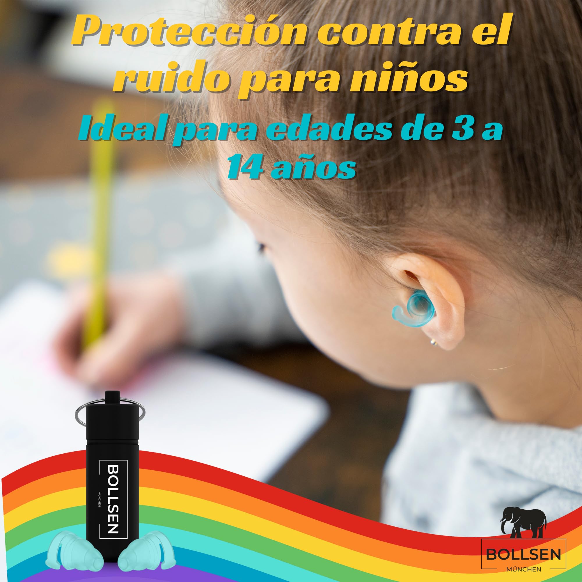 BOLLSEN Tapones para los oídos para niños – Reducción de ruido de 24 dB SNR y tapones impermeables para nadar, dormir, viajar y usar en la escuela – Tapones reutilizables y cómodos para niños. (3)