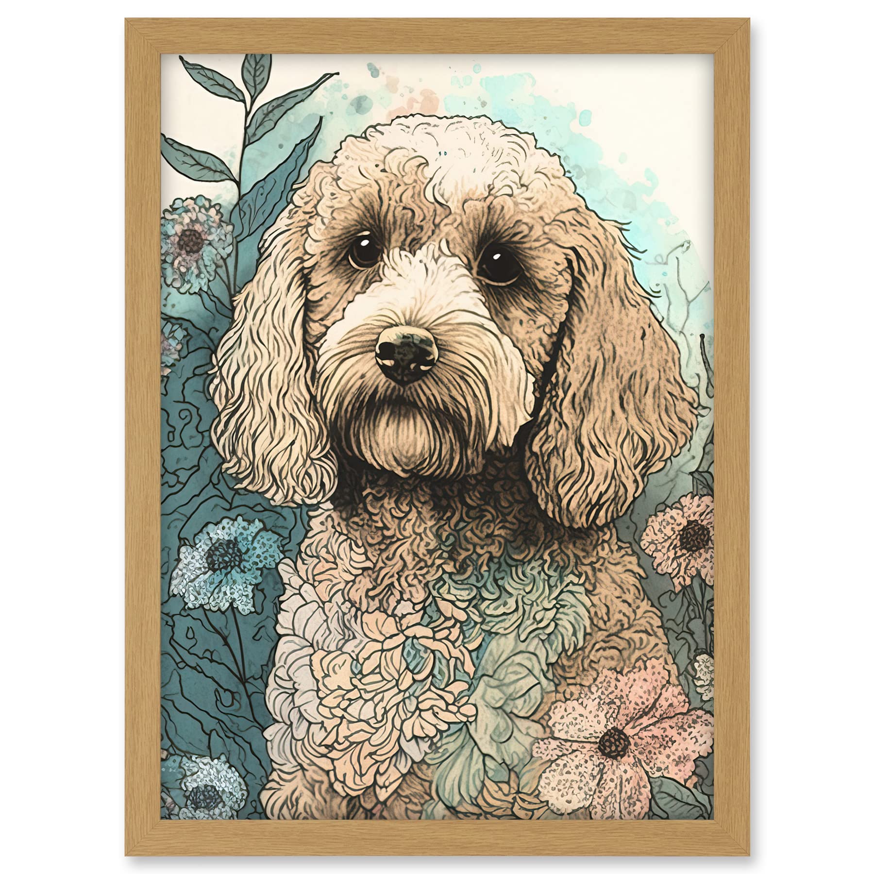 Artery8 Cockapoo Dog in Wildflower Field Pastel Watercolour Illustration Artwork Framed A3 Wall Art Print