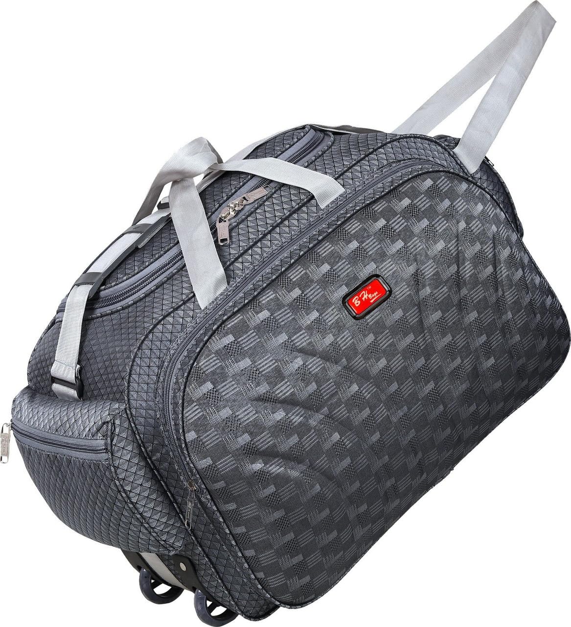 BH Bag Wheeled Travel Duffel Bag, 65L Large Capacity, Checkered Pattern, Grey and Black, with Multiple Compartments and Carrying Handles