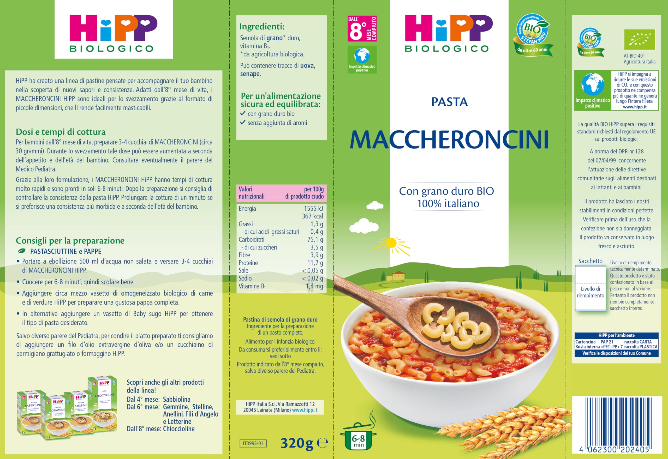 HiPP - Pastina Bio, Maccheroncini, 12 Confezioni da 320 g