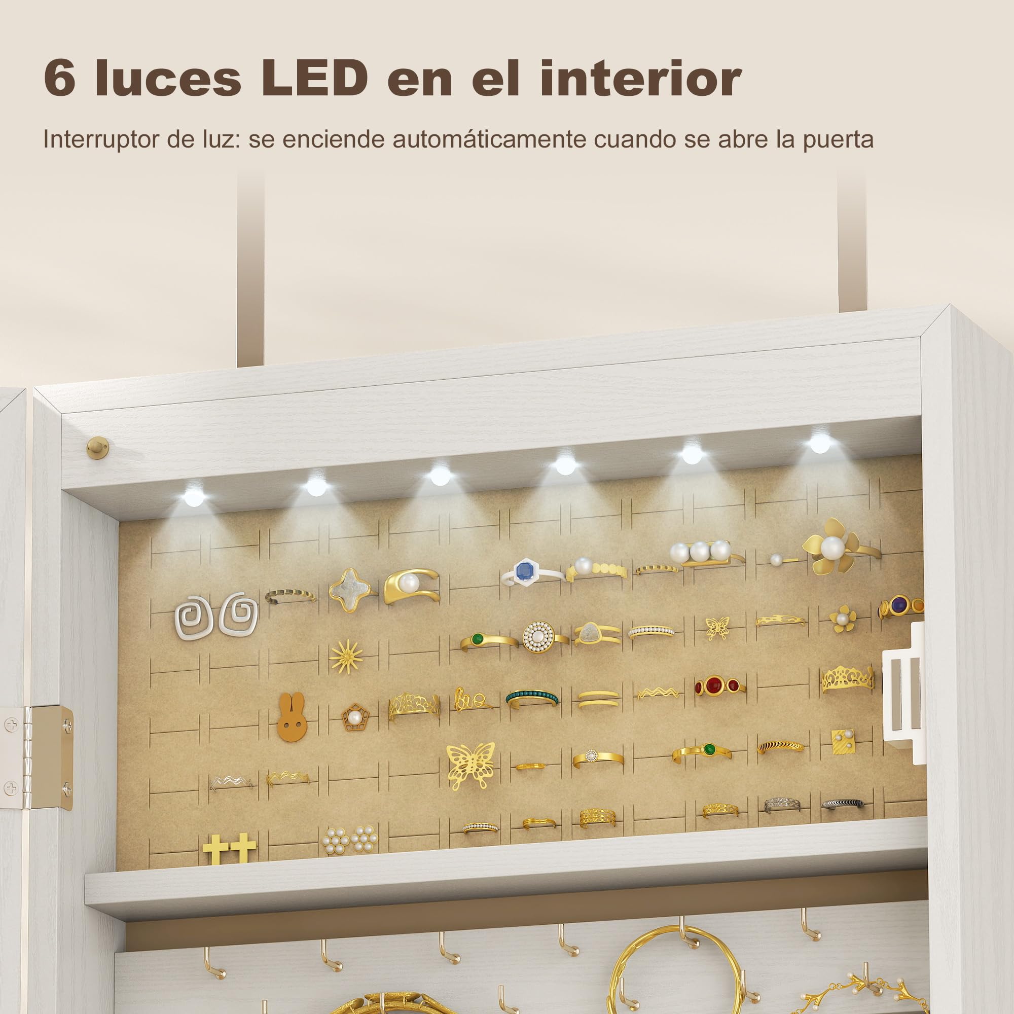 HOMCOM Espejo Joyero con 6 Luces LED, Armario para Joyas con Cerradura, Espejo Entero sin Marco, Blanco