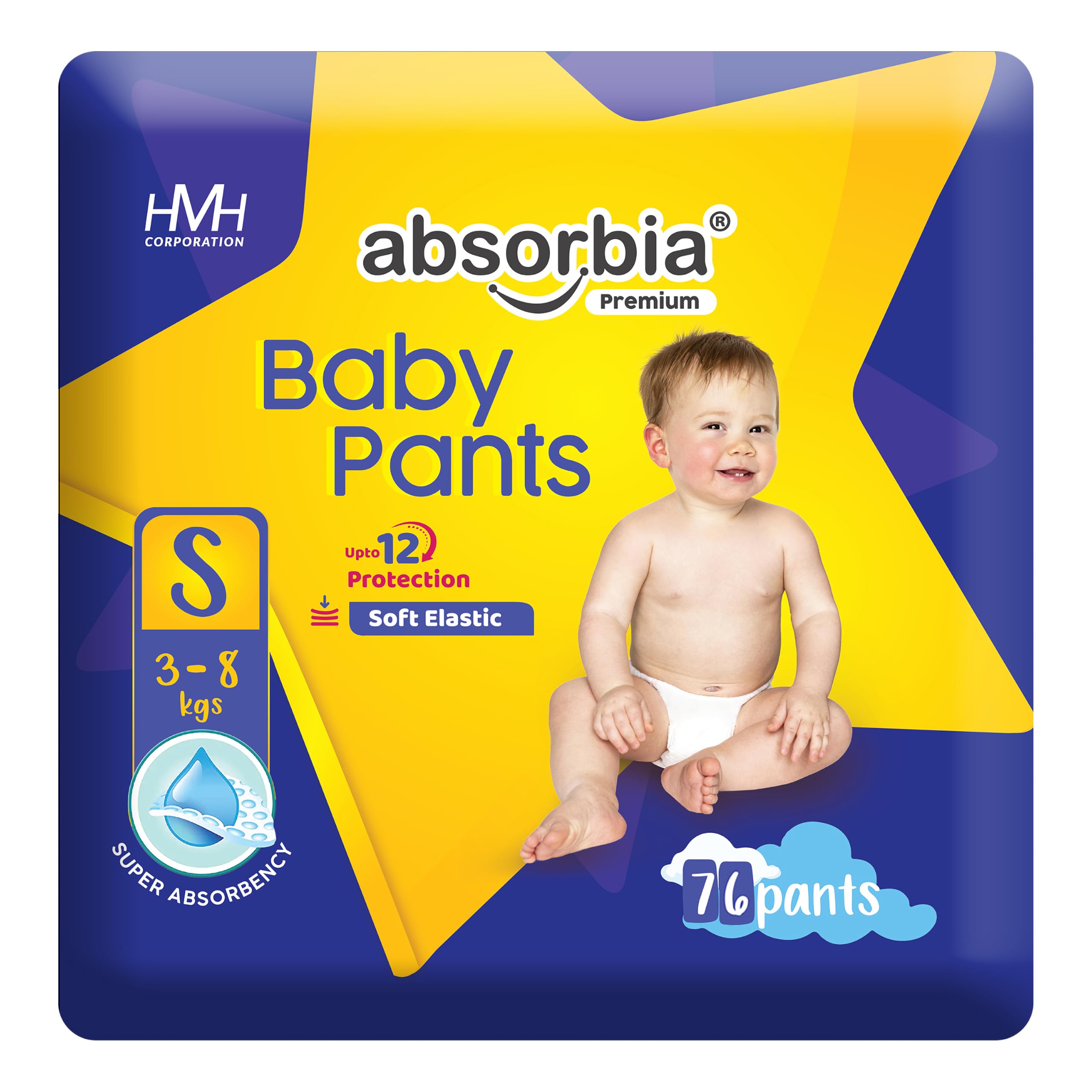 Absorbia Premium Baby Diaper Pants Small (S) 3–8 kg, 76 Count | Soft Elastic Waistband, Super Absorb Core for Up to 12 Hours Dryness | Leak-Proof, Rash Protection, Cotton-Like Softness-image-32