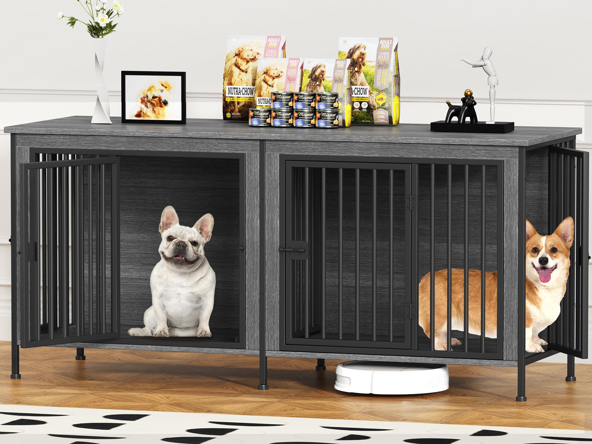 EasyCom 63" Dog Cage Furniture for 2 Pets with Divider, XL Wooden Double Dog Crate Furniture TV Stand for Mideum Breed, Durable and Sturdy