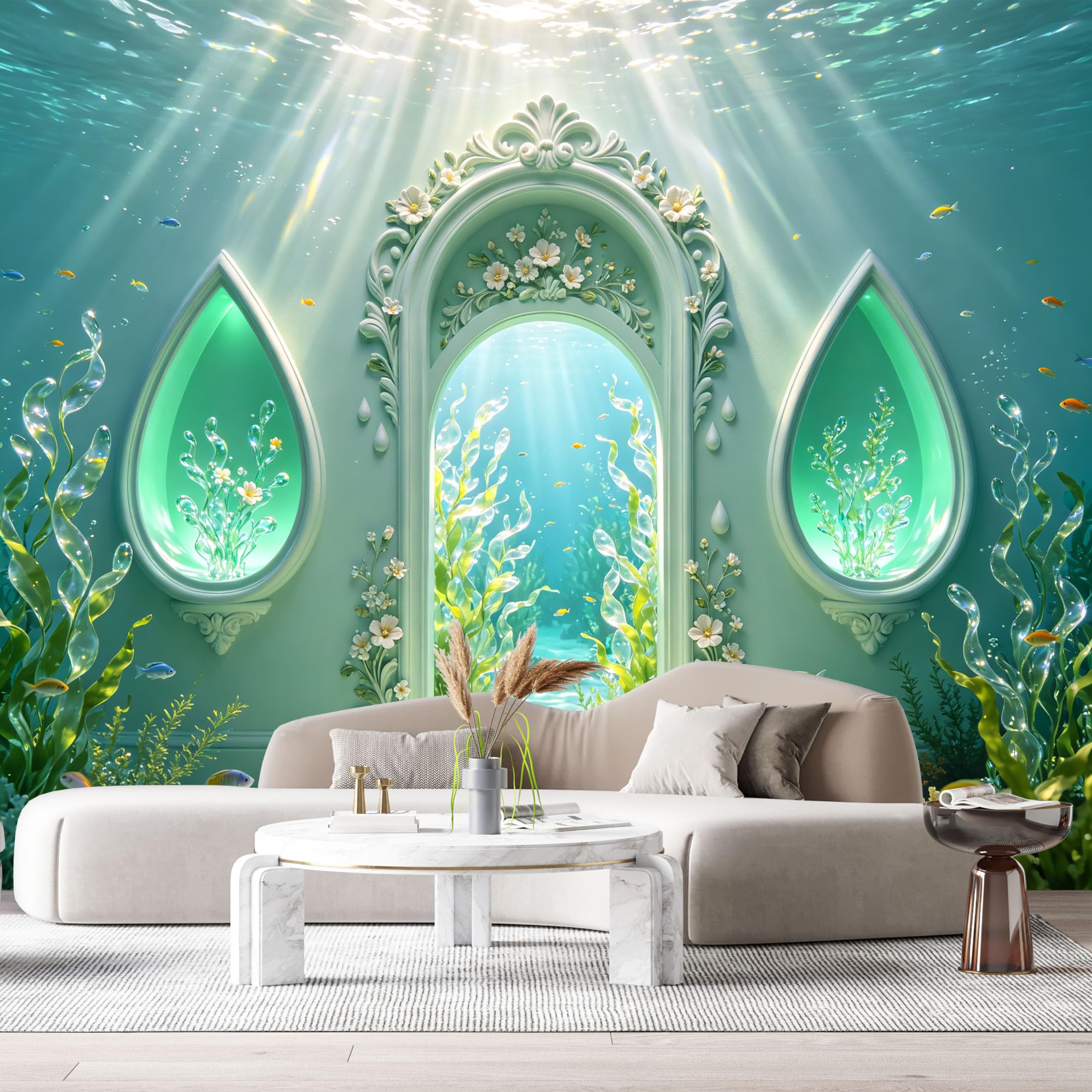 Custom Size Wall Murals Ocean/Marine Underwater Garden Arched Doorway 3D Trompe L'Oeil SelfAdhesiveWall Fabric Removable Wallpaper Wall Decor for Living Room Bedroom Bathroom