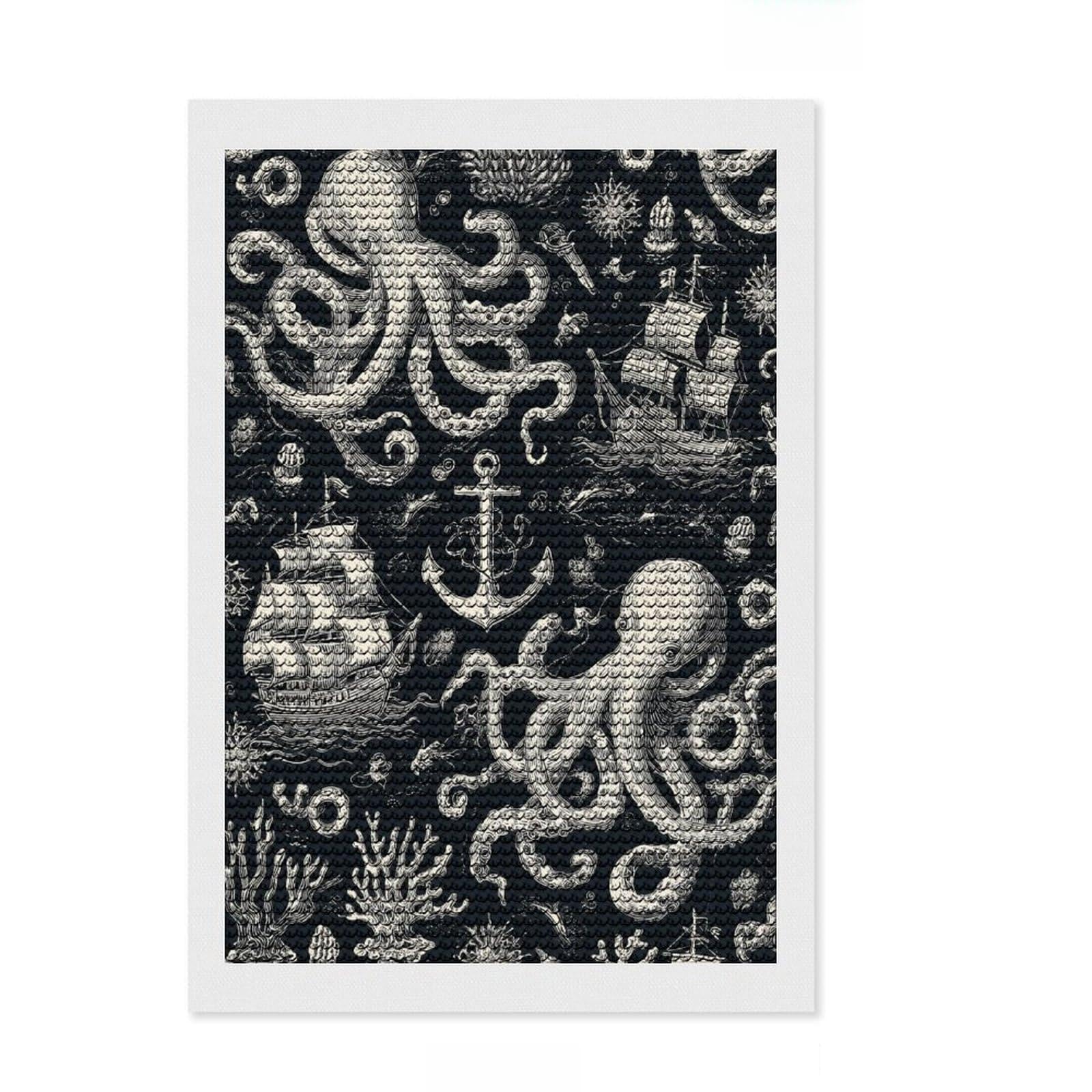 Junmoney Oceanic Whimsy Octopus & Sailing Ships Diamond Painting Canvas Set 8"x12", Calming Craft to Unwind, with Tool Kit, Office Decor, Christmas Gift