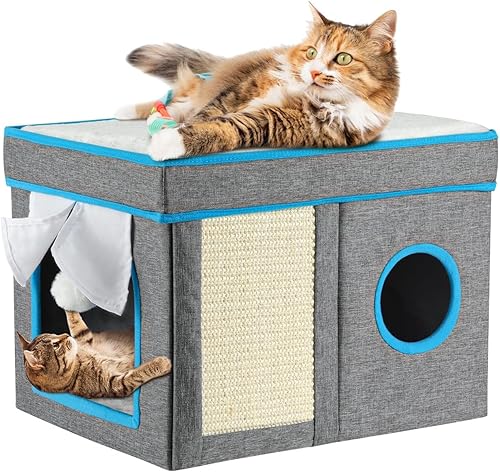 VavoPaw Camas para gatos de interior, condominio plegable para gatos con bola esponjosa y almohadilla para rascar, acogedora cama para gatos para