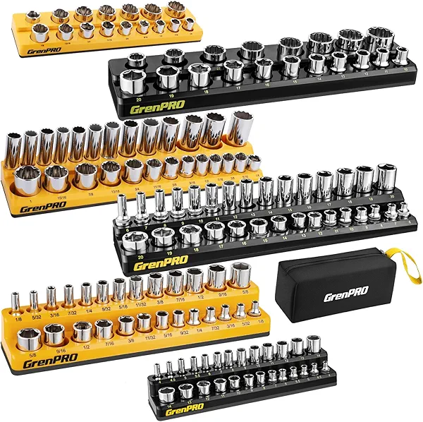 GRENPRO Socket Organizer for Tool Box Drawer, 6pc 143 Metric & SAE Magnetic Socket Holder, 1/4", 3/8", 1/2" Drive Socket Tray Set, Magnetic Socket Organizer