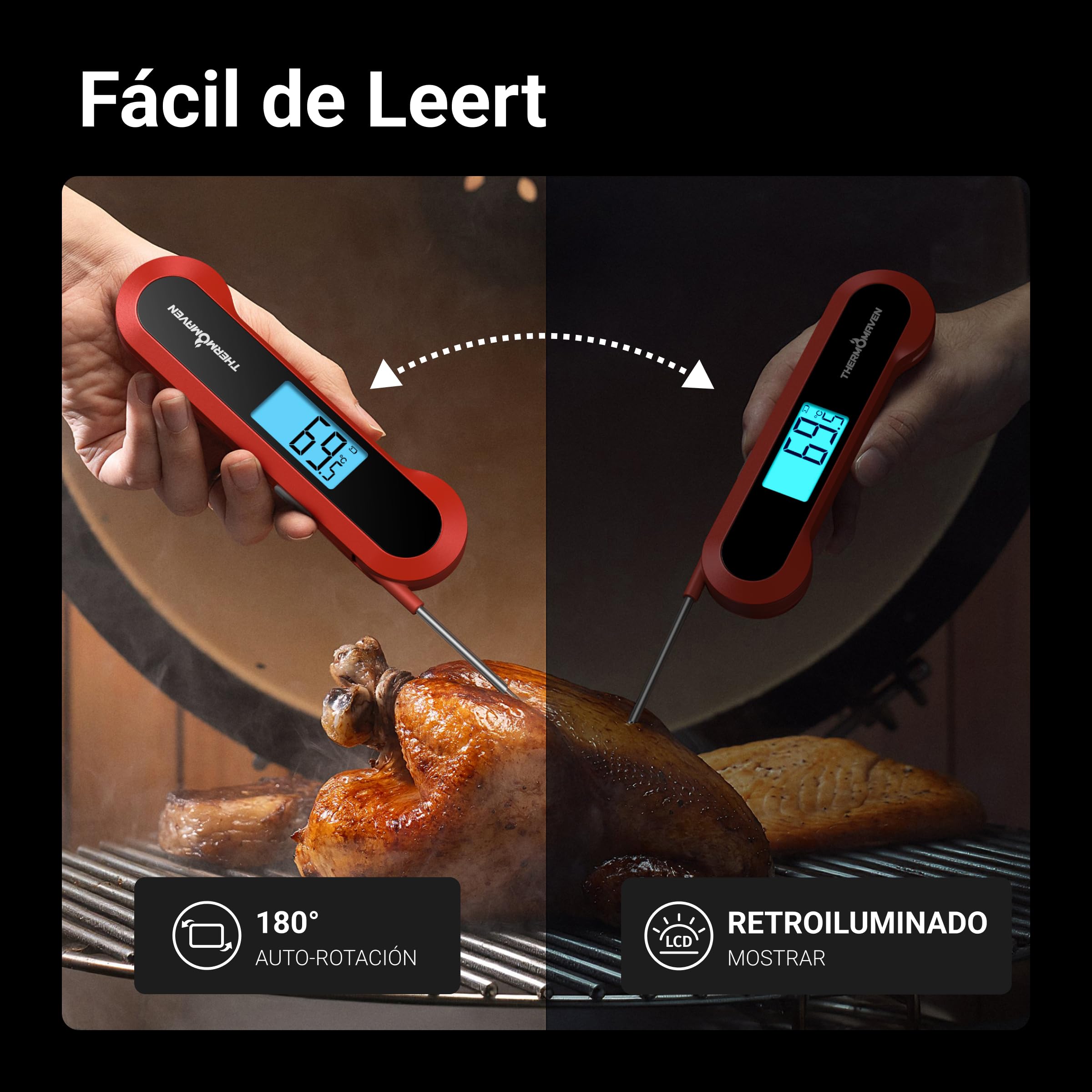 ThermoMaven F1 Termómetro Digital para Carne - Lectura 0,5s Termómetro Cocina, NIST ±0,3°C, IP67 Impermeable Magnético, para Barbacoa Horno Freidora Aire Asado Chuletón, Regalo Hombres Mujeres