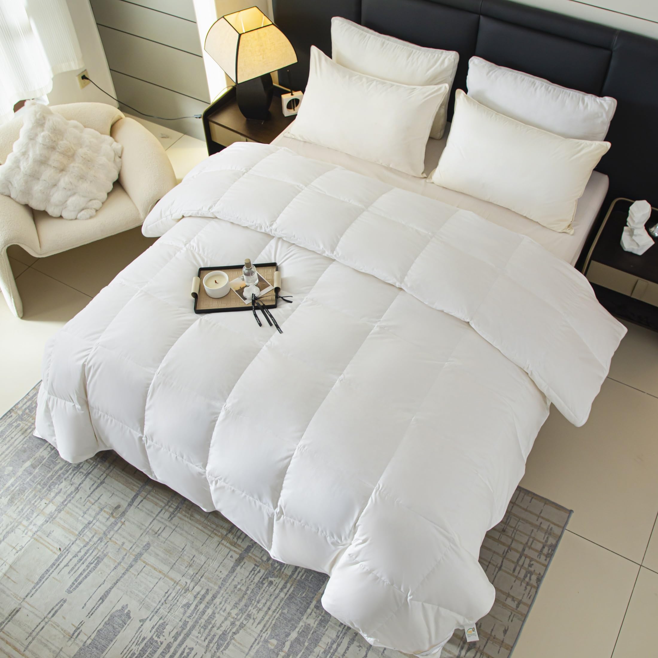 Kołdra puchowa z gęsiego pióra, ultramiękka całoroczna kołdra puchowa kolekcja hotelowa kołdra, 100% bawełniana osłona, 1,048 g średnie ciepło białe, rozmiar pełny/queen (228 x 228 cm)