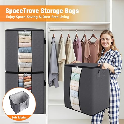 Miniatura 6 de Bolsas de almacenamiento para mantas, paquete de 6 organizadores de mantas de edredón, contenedores de gran capacidad de 80 litros con ventana