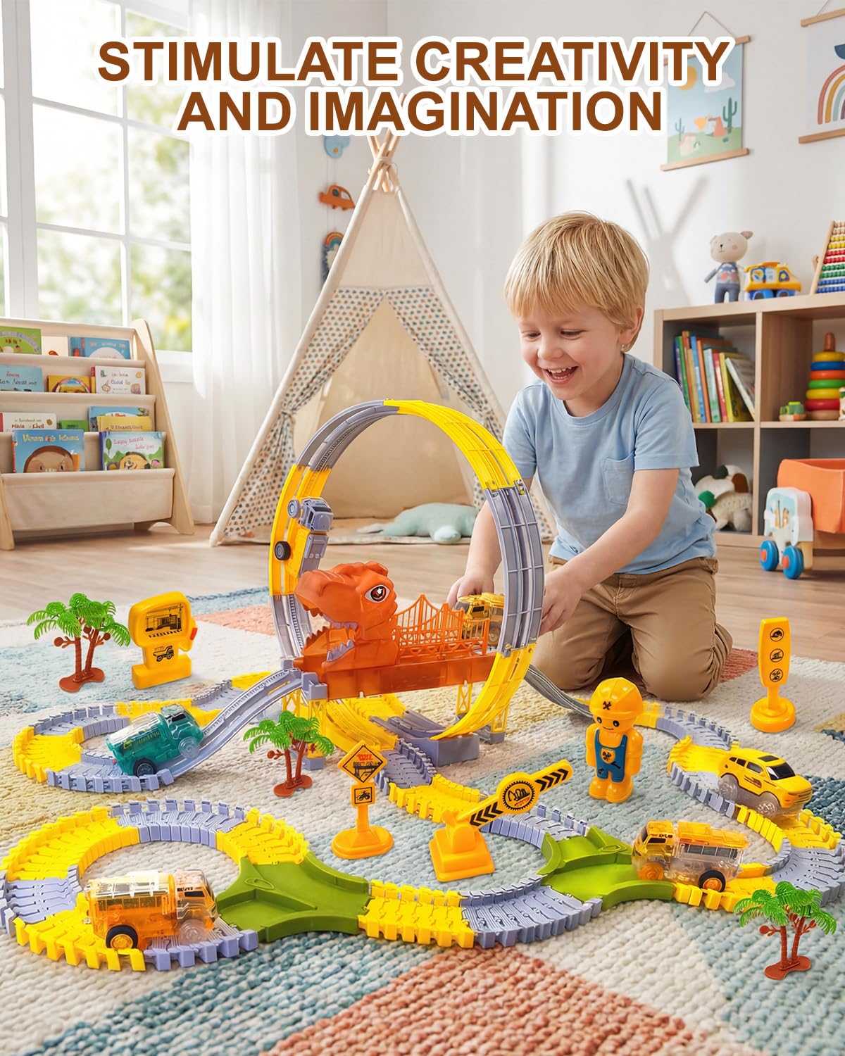 Dinosaur Race Track Toy with 360-Degree Loop, Dinosaur Toys Train Track with 2 Luminous Dinosaur-Themed Cars - Image 5