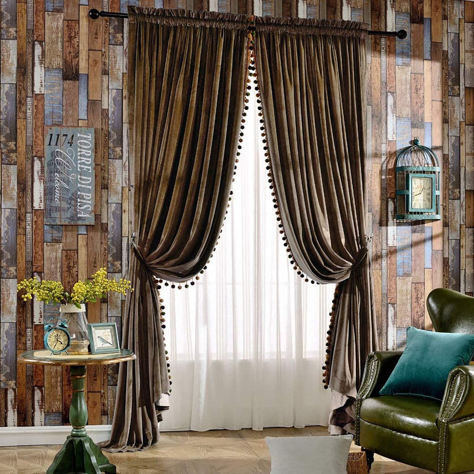 Vintage Velvet Blackout Curtains with Pom Pom Trim Thermal Insulated Rod Pocket Tassel Drapes for Bedroom and Living Room Decor Wine Red 150x270cm (59x106inch)