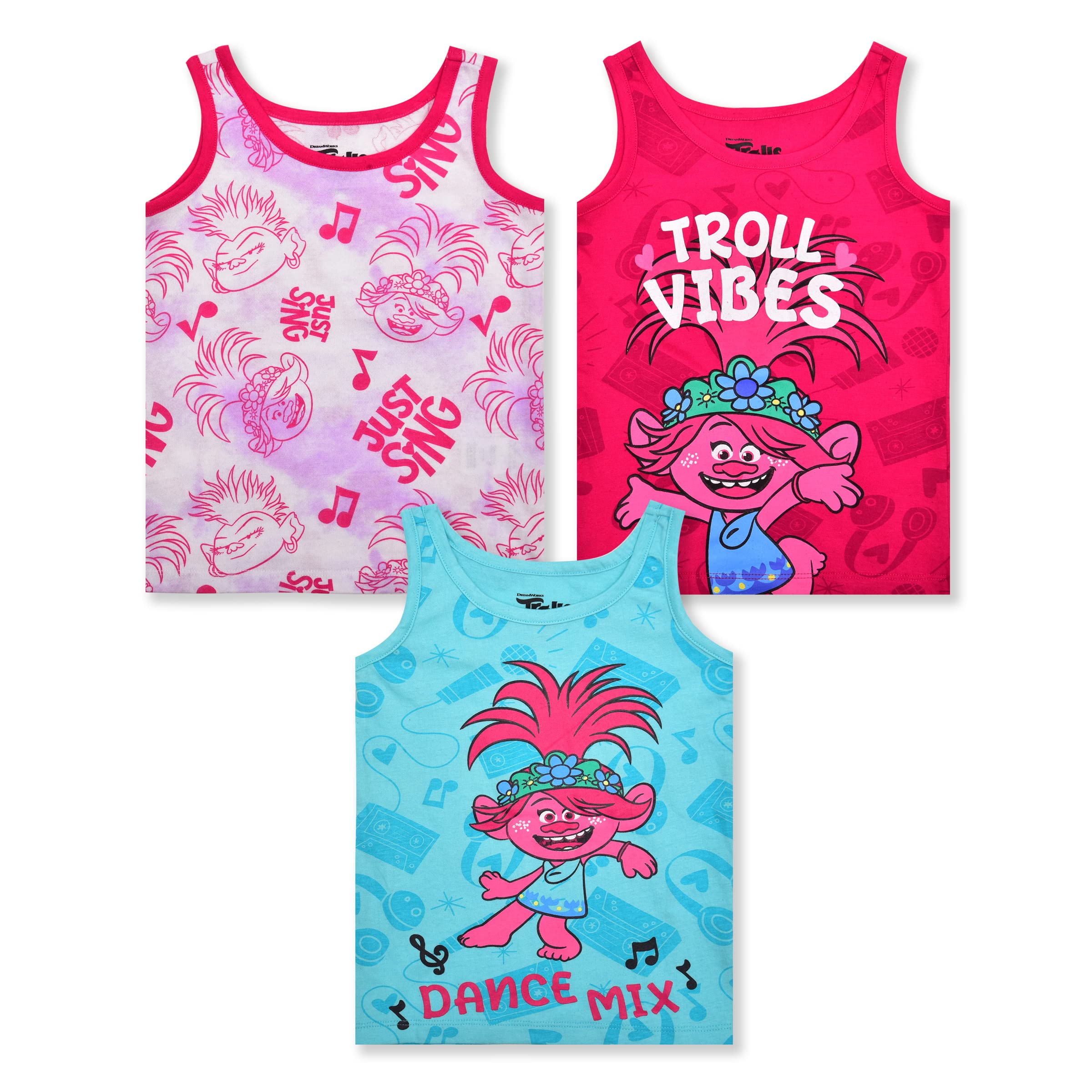 UNIVERSAL Trolls Poppy Girls 3 Pack Tank Tops for Toddlers and Big Kids – Pink/Blue