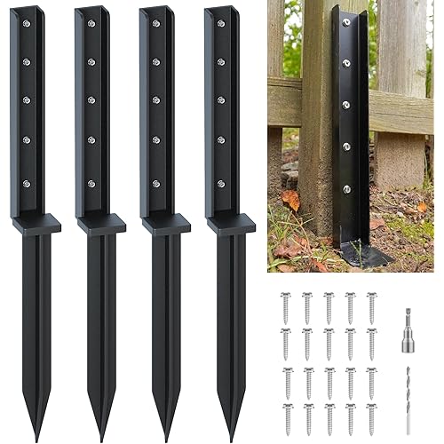 One-Piece Fence Repair 4-Pack, Heavy Duty 32in Metal Post Anchors, Sturdy Wooden Stakes, Black