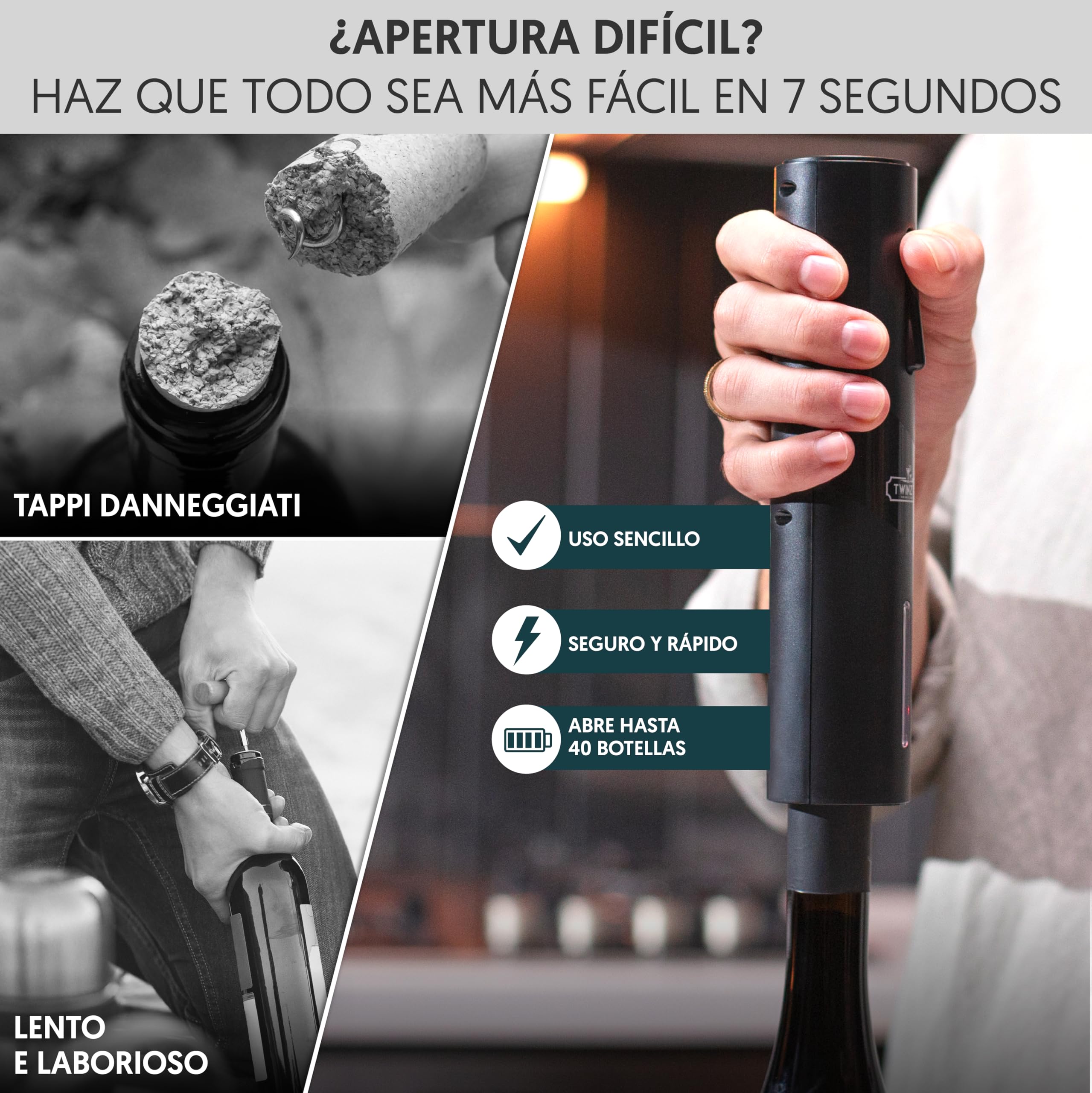 Sacacorchos Eléctrico Recargable 6 en 1 con corta cápsula, Boquilla Aireador, Bomba de Vacío, Tapón y Cable USB del Abridor de Vino Electrico - Regalo hombre para amantes del vino