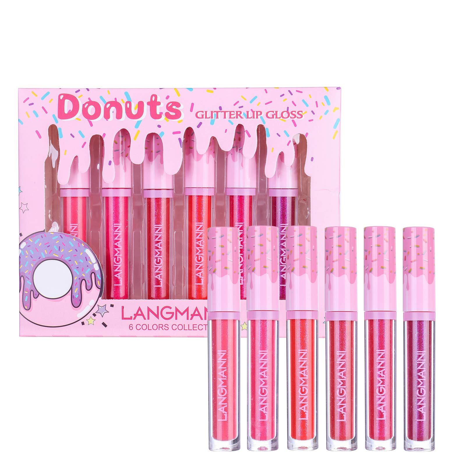 6PCS/Set Donut Glitter Lip Gloss Shiny Diamond Liquid Lipstick High Coloring Metallic Waterproof Moisturizing Brighten Lip Color Lip Stains Tints Cosmetic Makeup Product
