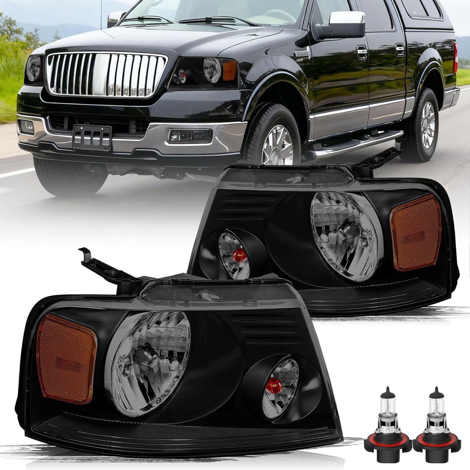 Aosky Headlight Assembly Compatible with 2004 2005 2006 2007 2008 Ford F150 OE Halogen Headlamp Black Housing with Smoke Lens (Bulbs Included)