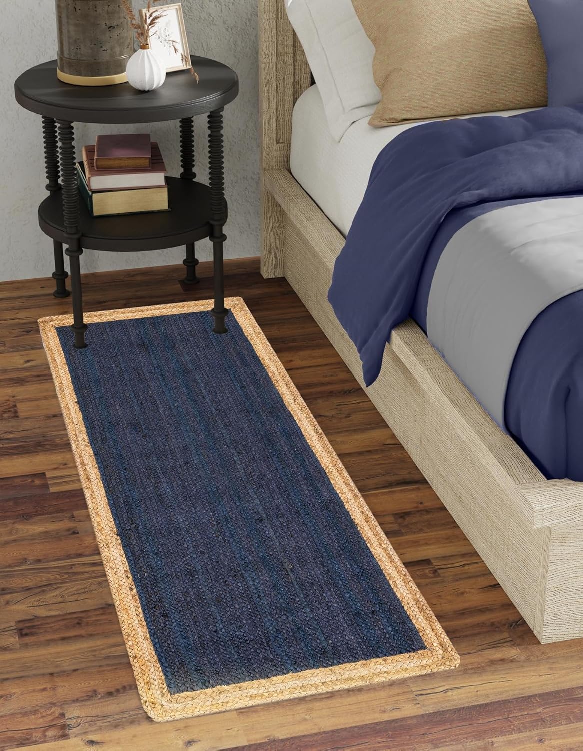 Hand Braided Woven Jute Area Rug Bohemian Style Natural Fiber Rug Eco Friendly Durable Briad Rug Ideal for Kitchen, Dining Room, Entryway, Color Navy Blue (2' x 7' Runner / 60 cm x 210 cm)