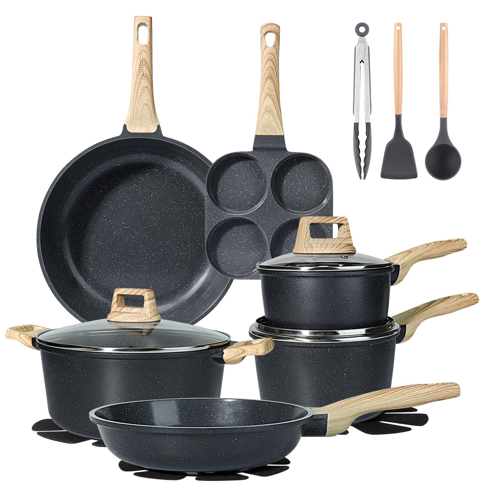 GiPP Ceramic Pots and Pans Set Non Stick - 17 Pcs Nonstick Cookware Set, Non-toxic Healthy Kitchen Cooking Set w/Frying Pans Set, Dishwasher Safe, PFAS PTFE PFOA PFOS Free, Dark Gray