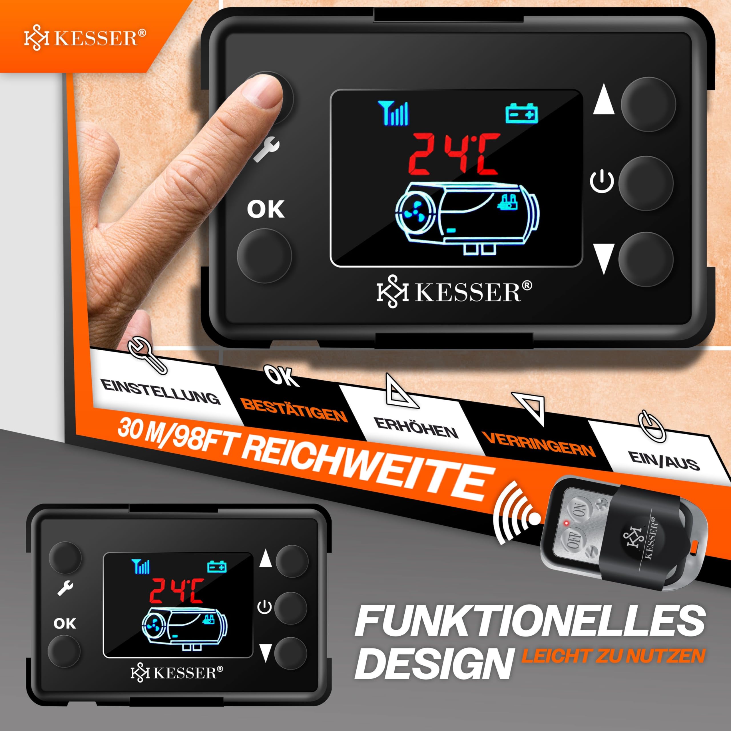 KESSER® Calefacción de estacionamiento diésel de 8 kW, 12 V/24 V, con temporizador, pantalla LCD y mando a distancia, calentamiento rápido, calentador de aire con silenciador y termostato