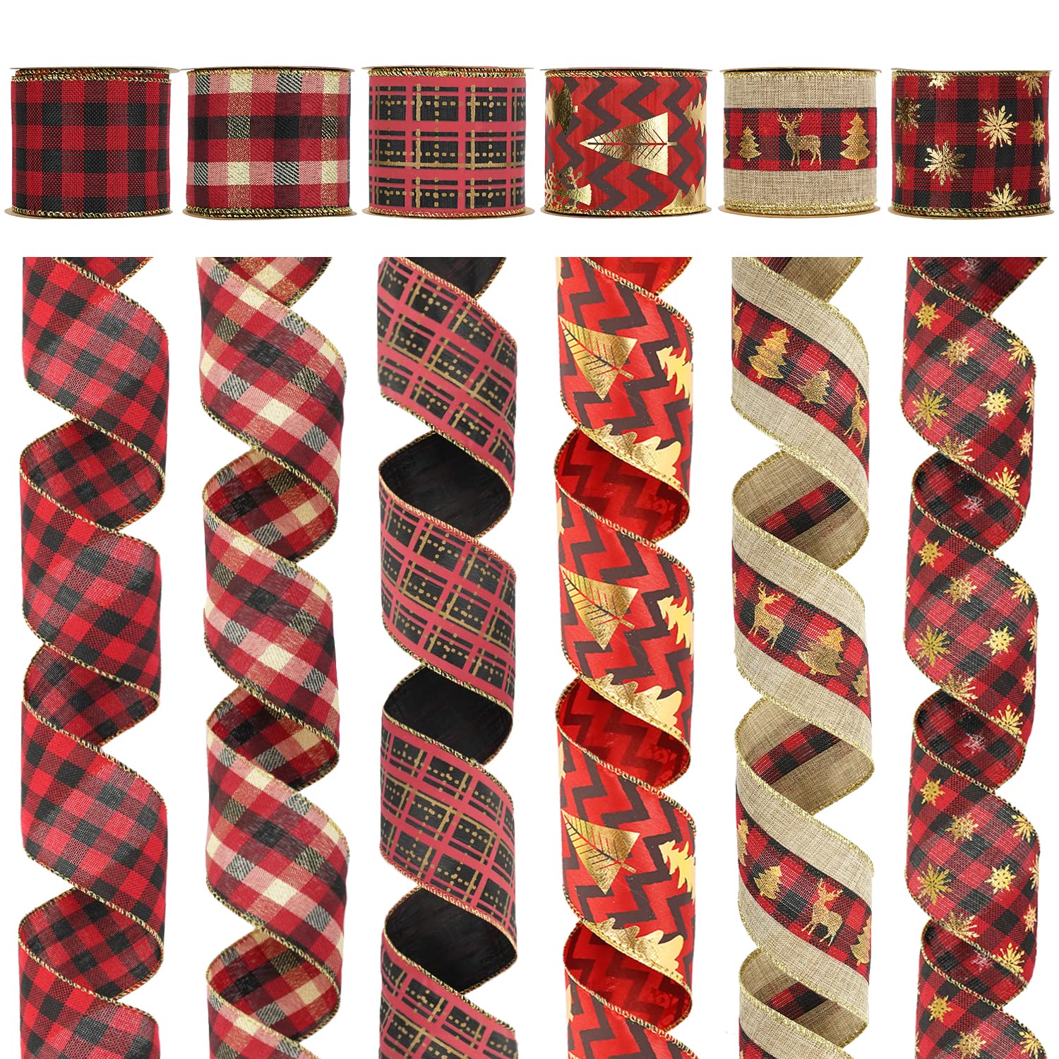 MEEDEE Red and Black Plaid Ribbon with Gold Foil Wired Buffalo Plaid Ribbon for Christmas Tree 2.5 Inch 6 Rolls 36 Yards Black and Red Ribbon Buffalo