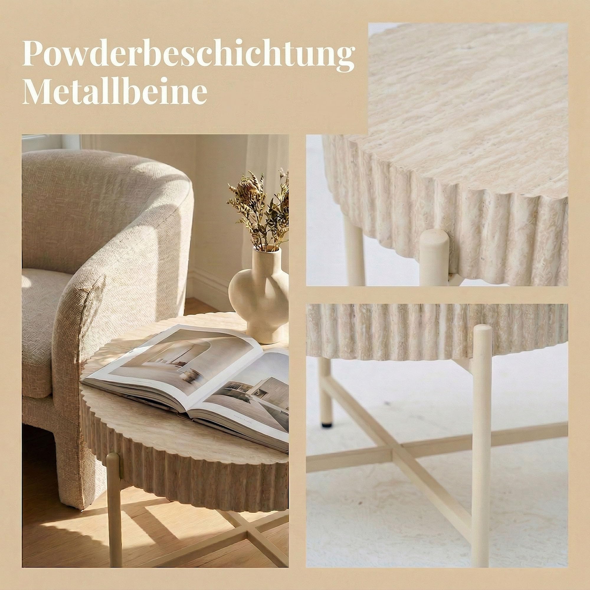 Beistelltische 2er Set, Moderne Metallgestell Beistelltische mit Travertinoptik Tischplatte, Sofatisch für Wohnzimmer, Schlafzimmer und Büro
