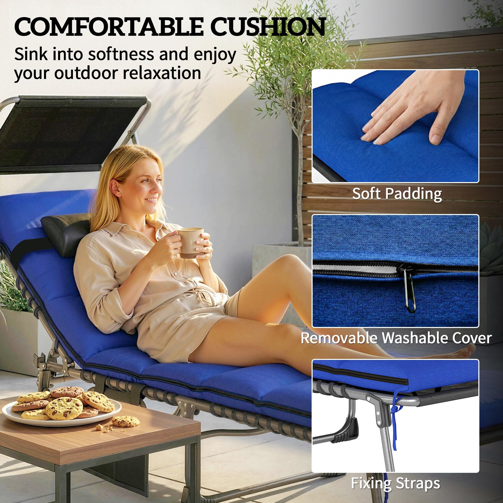 Outsunny Folding Sun Loungers Set of 2 with Canopy, 5-Position Reclining Garden Lounger, Side Pocket, Headrest, Cushions, Portable Recliner Sunbed with Carry Handle for Camping Beach Patio, Dark Blue — view 6