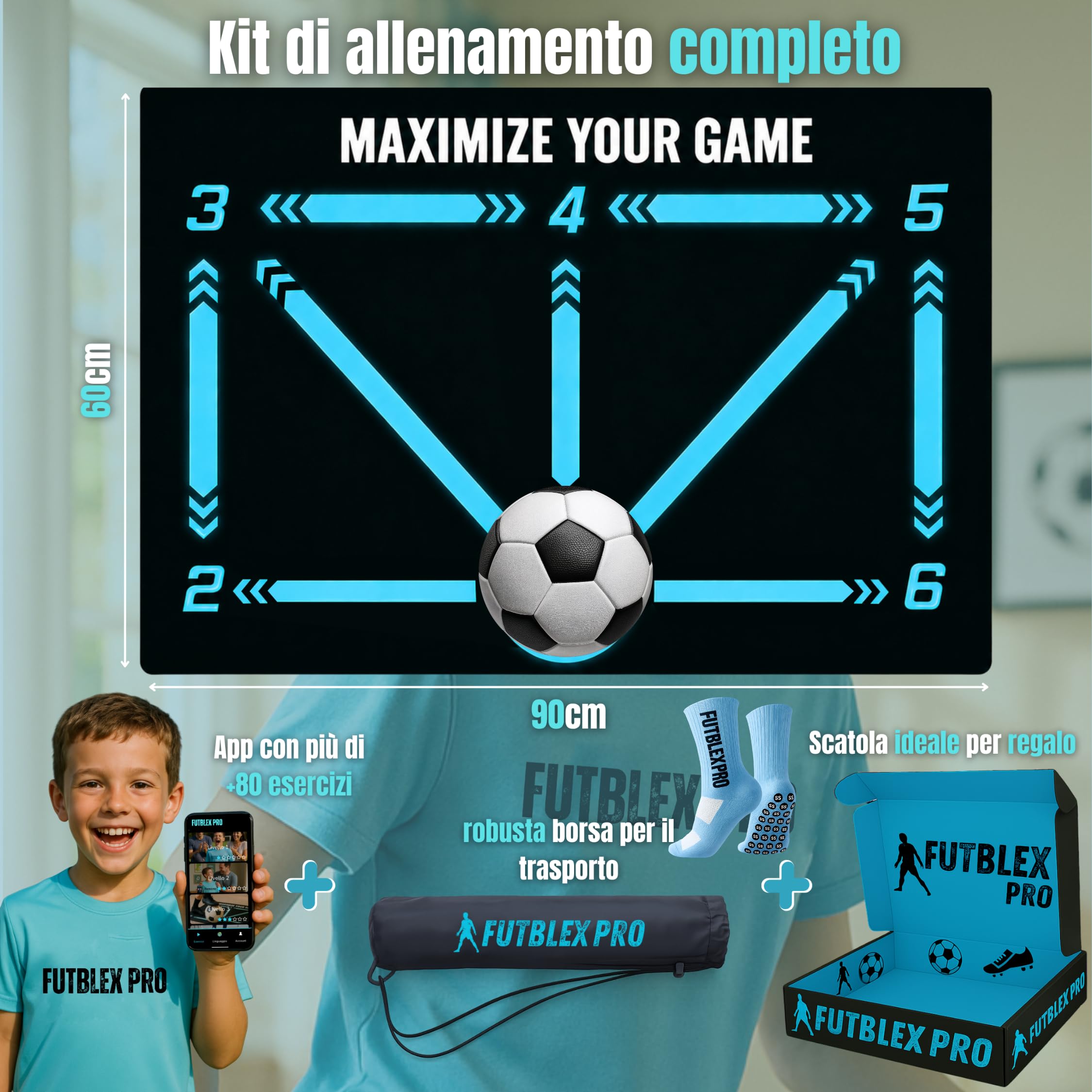 Alfombra per Allenamento Calcio – Include App di Allenamento con Video Interattivi e Routine Progressivi + Calzini Antiscivolo, Borsa di Trasporto e Scatola Premium per Regalo.