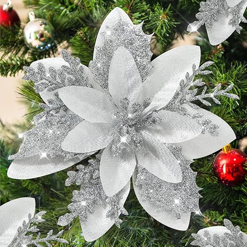 Floweroyal 24 flores de Pascua artificiales de Navidad con clips y tallos, adornos de purpurina de 5.5 pulgadas para árbol de Navidad, corona,