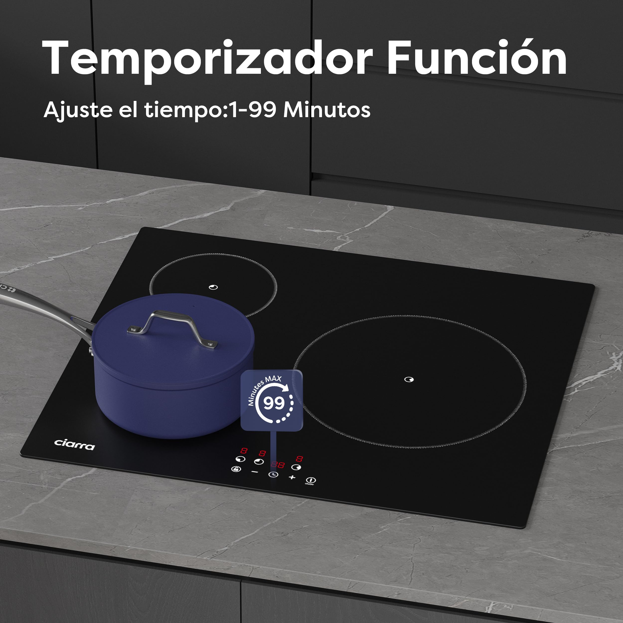 Ciarra CABBIH3-F Placa Induccion, 3 Zonas, Empotrable de 60cm, Temporizador | Bloqueo Infantil, Detector de Recipientes, Limitador de potencia, ideal para hogares con potencia contratada limitada