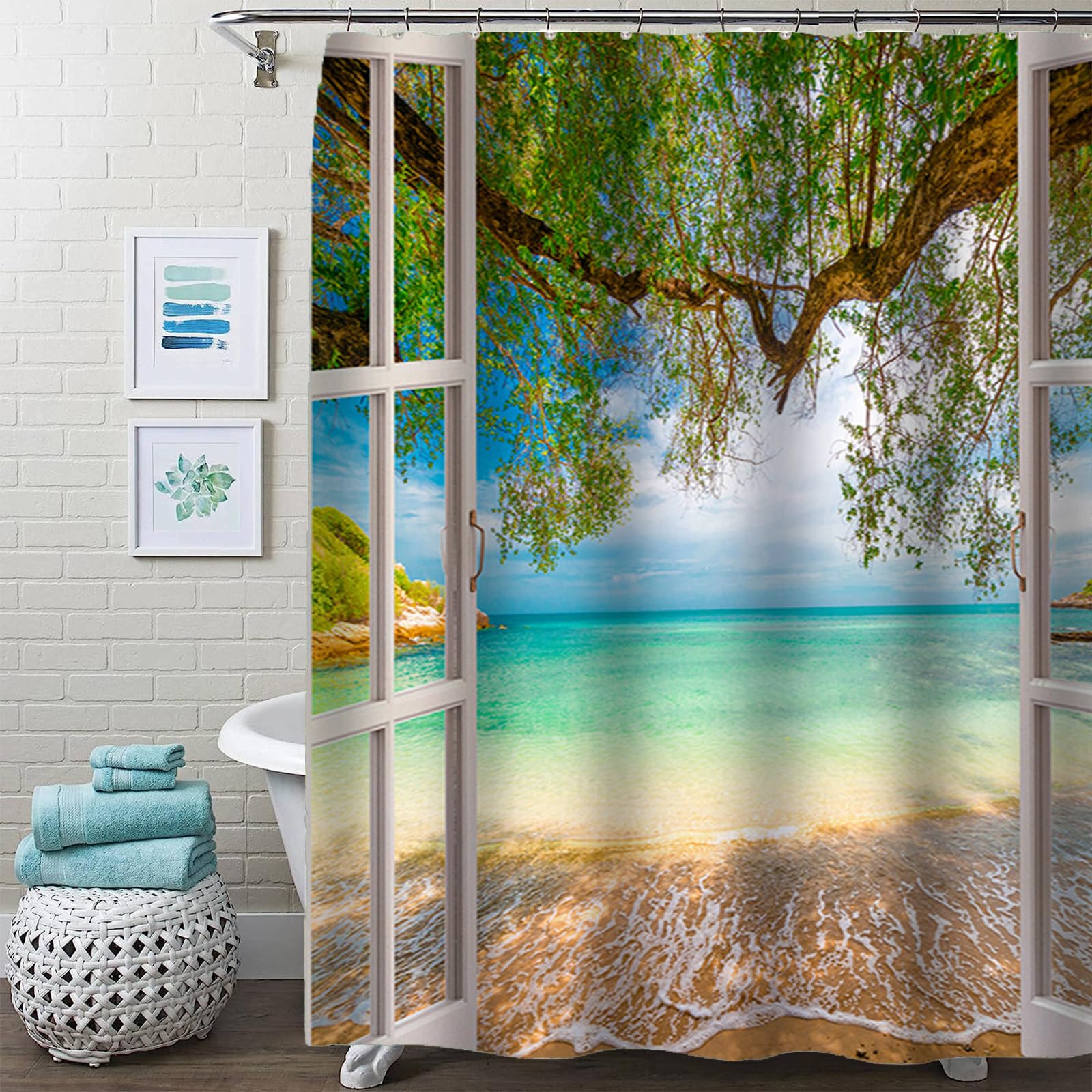 Outdoor Garden Shower Curtain, Summer Beach Palm Tree Ocean Seascape Through White Wooden Windows Tropical Island Blue Green Bath Curtain, Waterproof Bathroom Decor With Hooks, 180X180cm/ 71X71 In - View #12