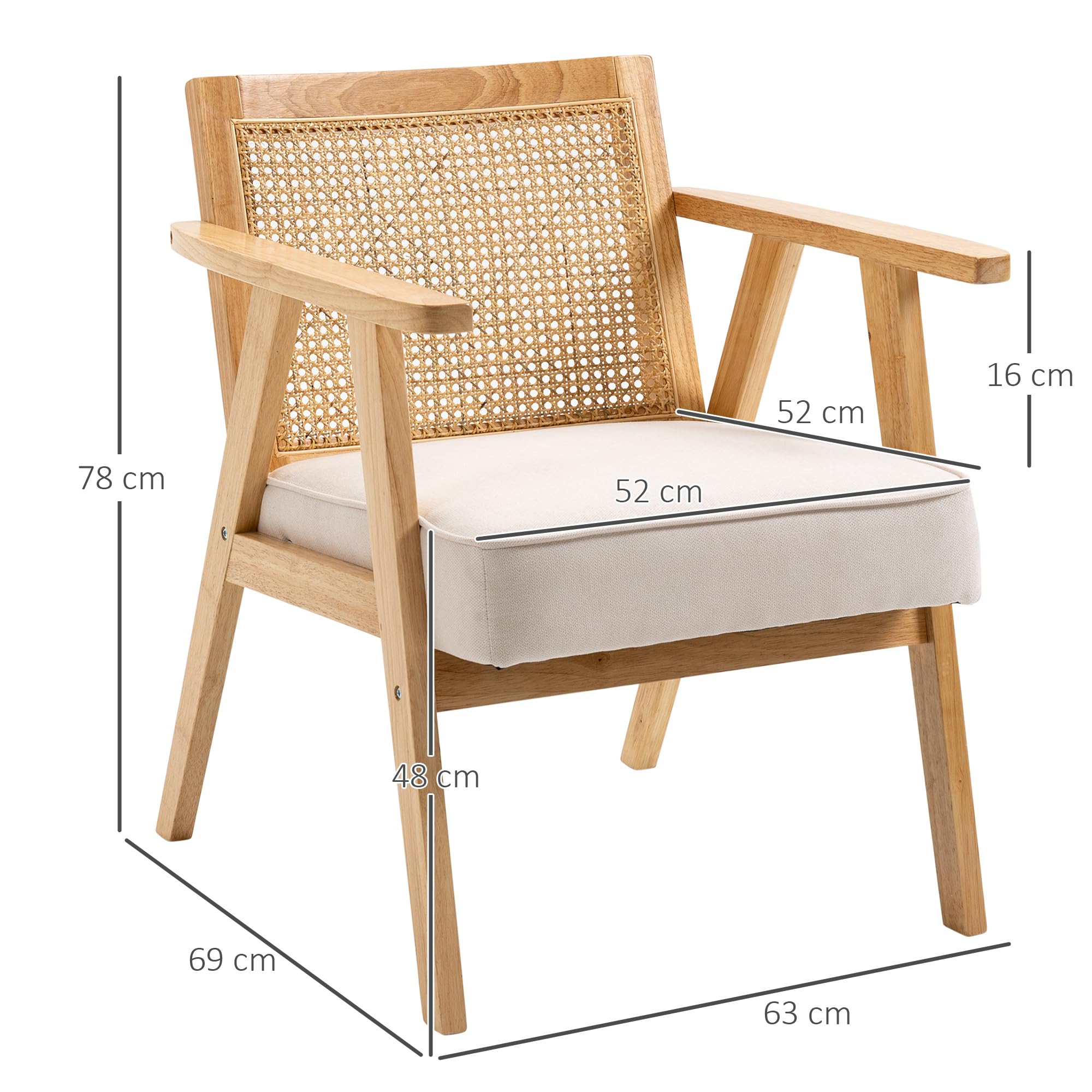 HOMCOM Sessel Wohnzimmer Relaxsessel mit Armlehnen, Sitzkissen, Loungesessel mit Rattan-Rückenlehne, Lesesessel mit Leinen-Optik, Holzrahmen, Polstersessel für Schlafzimmer Creme