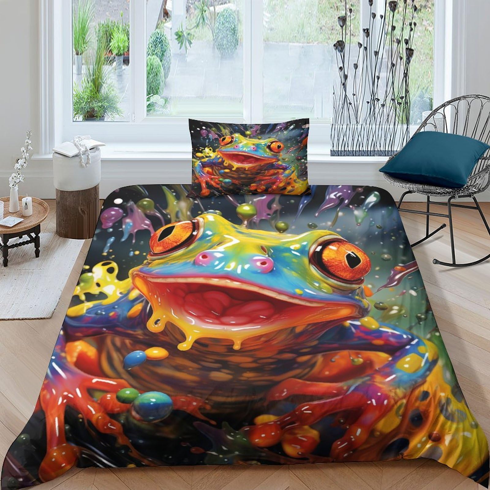 Housse de couette grenouille 3D en microfibre respirante et super douce pour lit simple