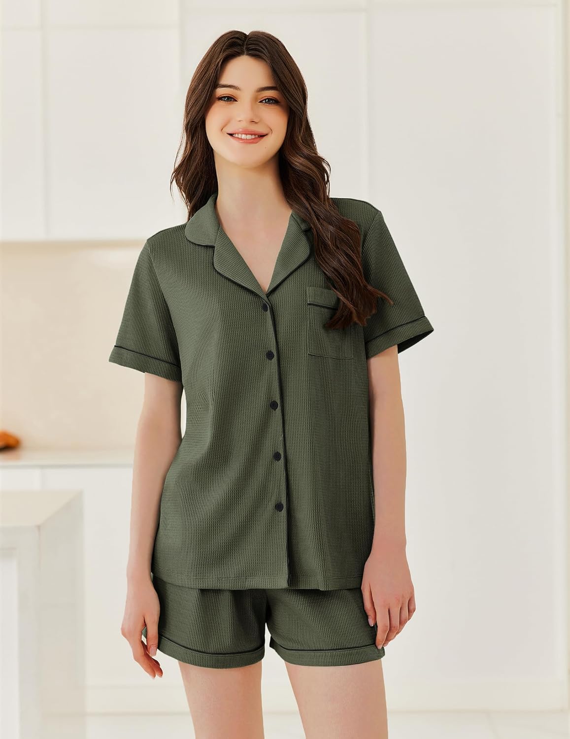 Ekouaer Womens Waffle Knit Pajama Sets Soft Short Sleeve Button Down Sleepwear Cozy 2 Piece Pjs Shorts Set - Image 2