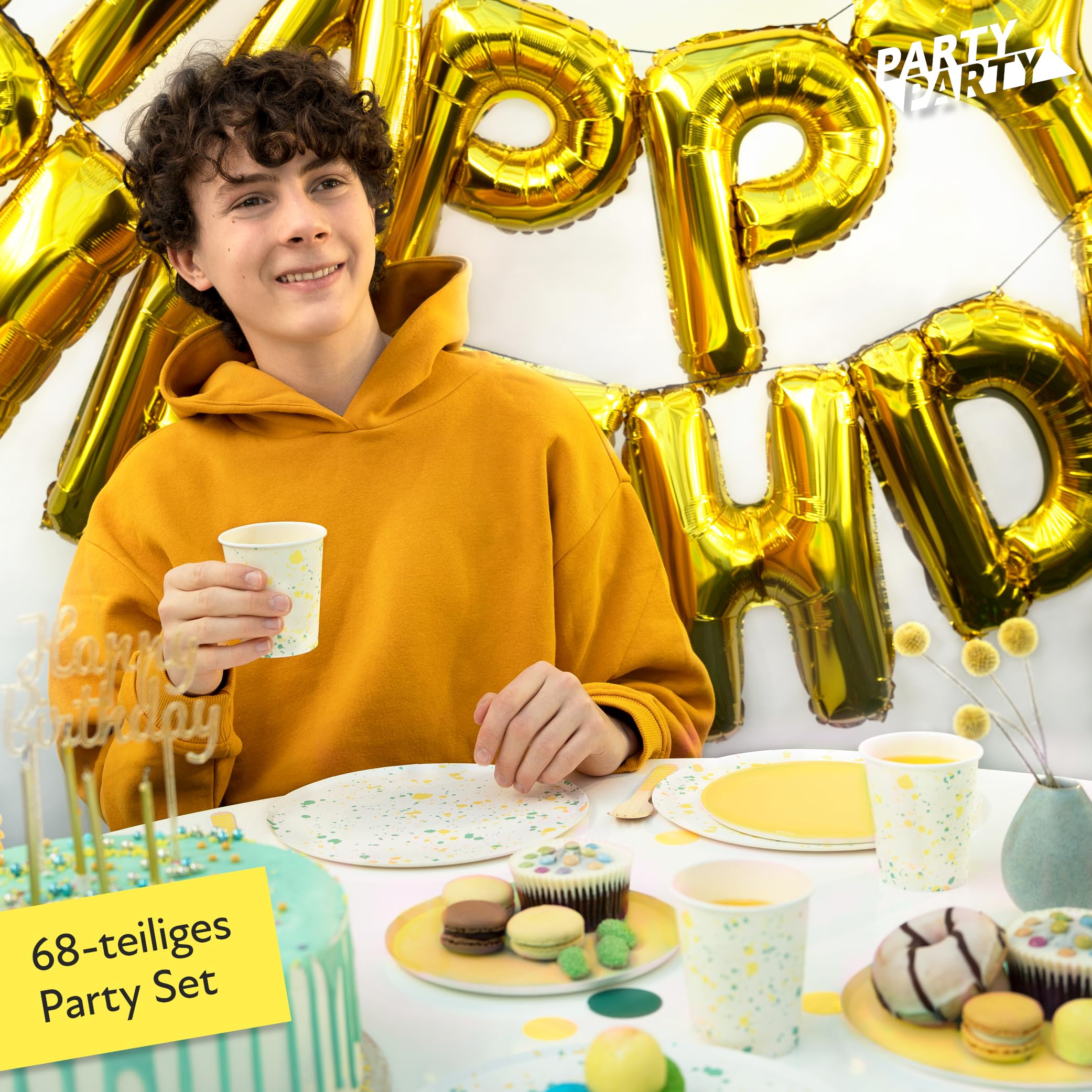 PARTY PARTY 68-delige partyset sprinkkles geel, terrazzo, voor 16 gasten (papieren bekers, papieren borden, dessertborden, servetten), verjaardag, evenement, barbecue