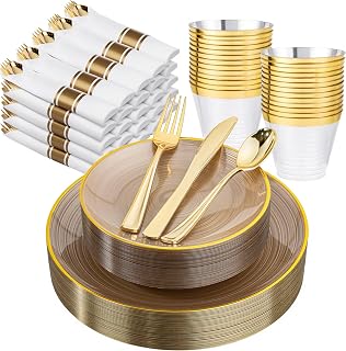 Morejoy 175PCS Clear Brown Plastic Plates - Disposable Gold Party Plates & Pre Rolled Napkins with Cutlery for 25 Guests, 50Plates, 75Silverware, 25Cups, 25Napkin for Party & Thanksgiving