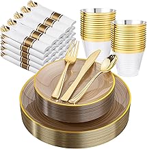 Morejoy 175PCS Clear Brown Plastic Plates - Disposable Gold Party Plates & Pre Rolled Napkins with Cutlery for 25 Guests, 50Plates, 75Silverware, 25Cups, 25Napkin for Party & Thanksgiving