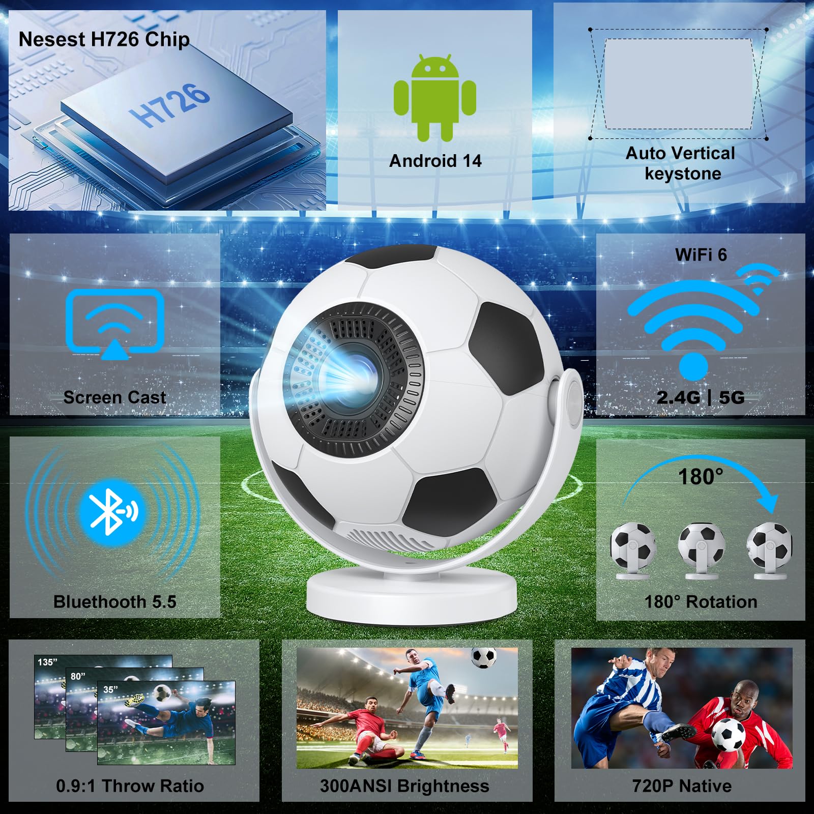 [Proyector de Fútbol] Mini Proyector Portátil con WiFi 6 Bluetooth 5.4, Android 14,Support 4K,Auto Keystone 180° Rotable Projector Compatible con Teléfono/PC/Laptop/TV/HDMI