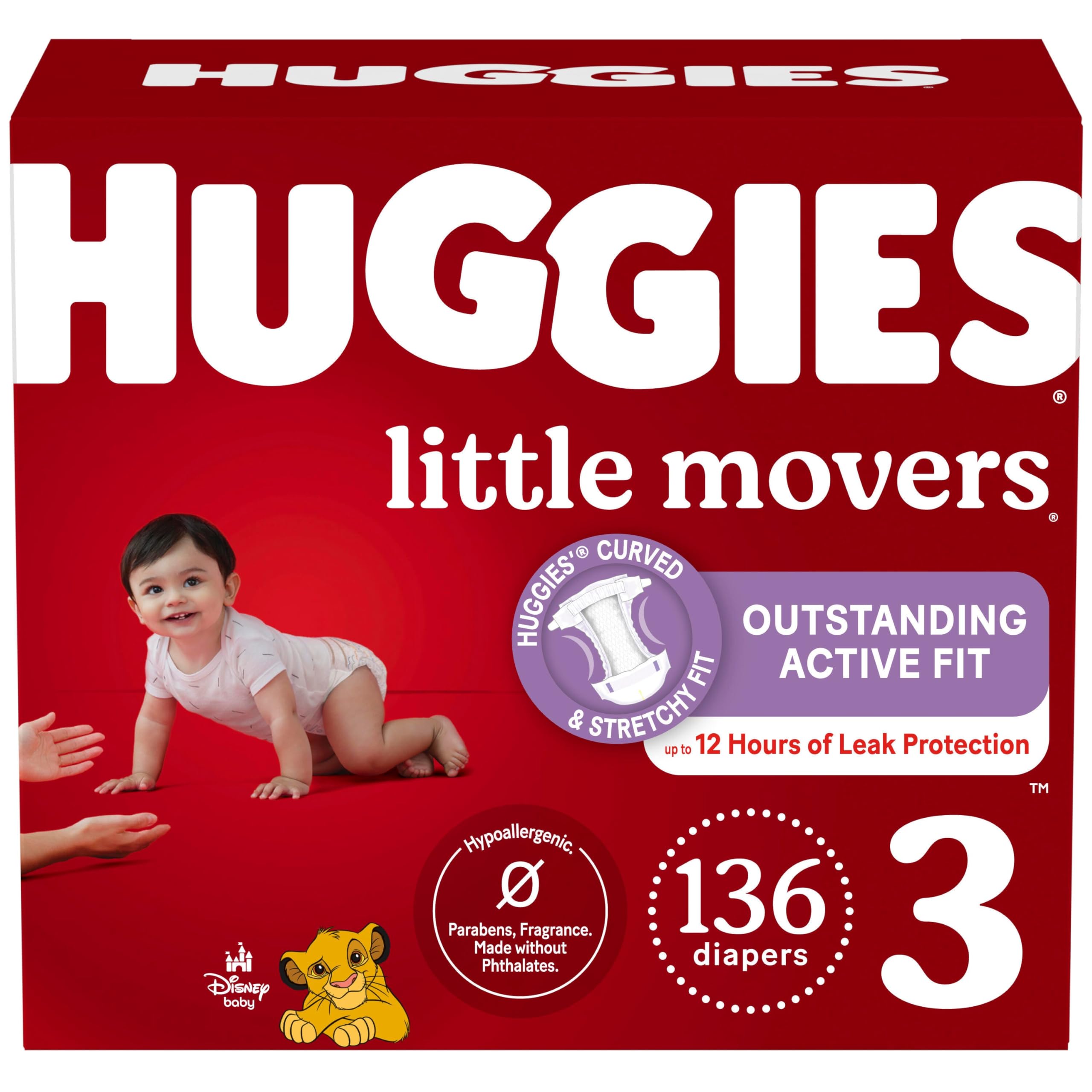 Size 3 Diapers, Little Movers Baby Diapers, Size 3 (16-28 lbs), 136 Count, Packaging May Vary